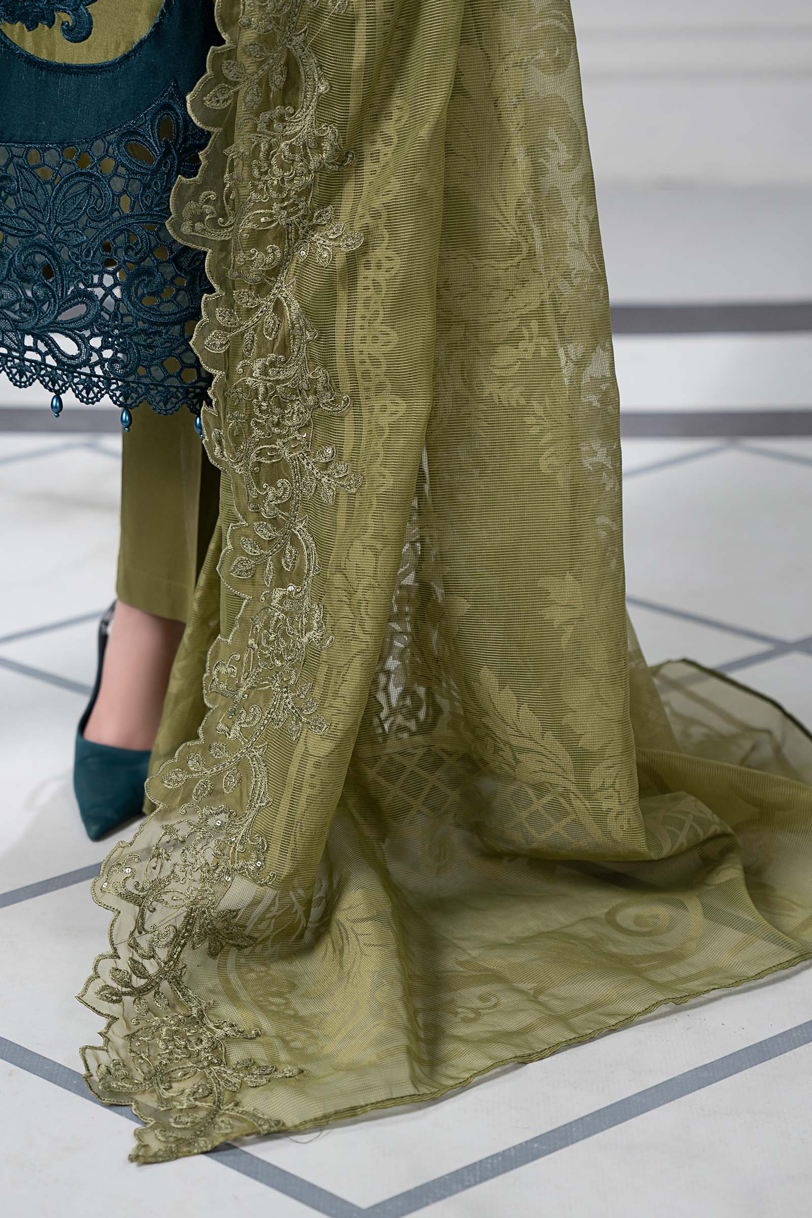 Olive Embroidered Paper Cotton Salwar Kameez (3-Piece) - Image 7