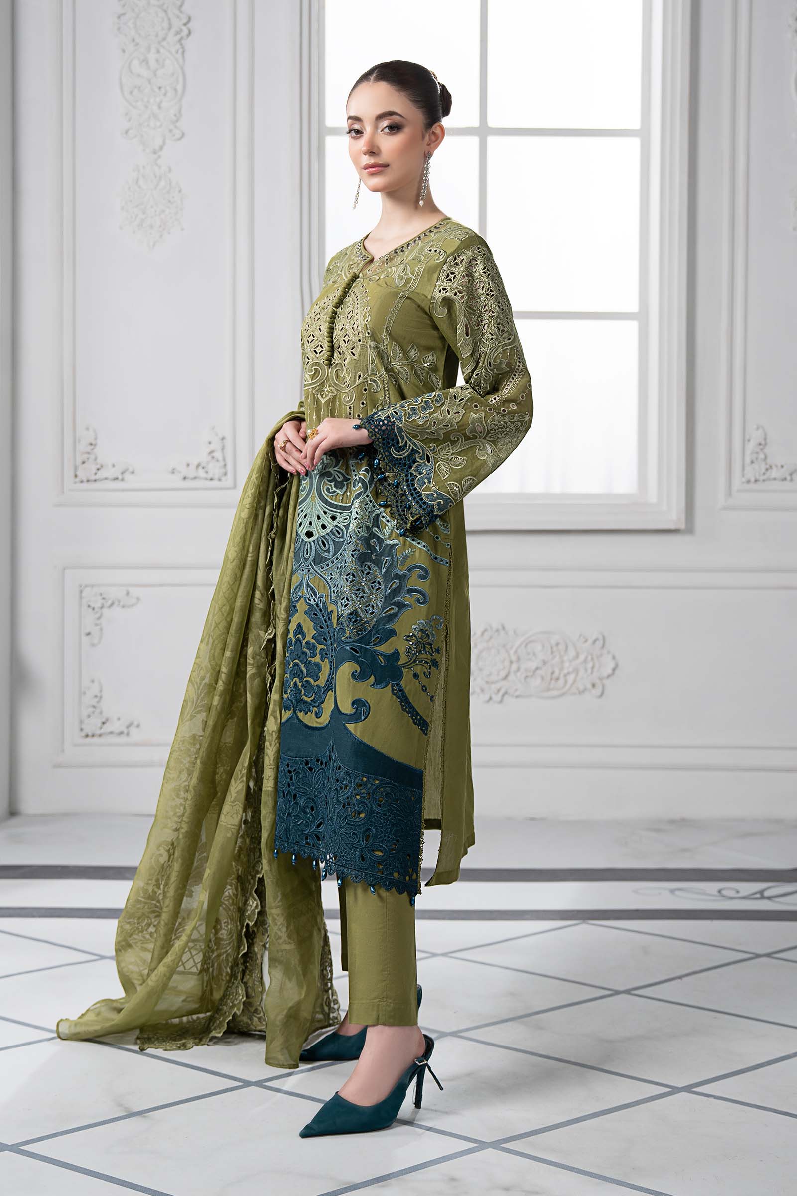 Olive Embroidered Paper Cotton Salwar Kameez (3-Piece) - Image 8