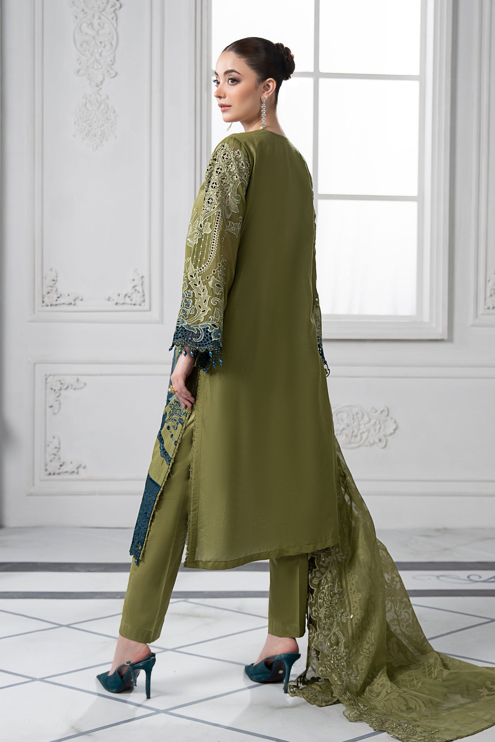 Olive Embroidered Paper Cotton Salwar Kameez (3-Piece) - Image 9