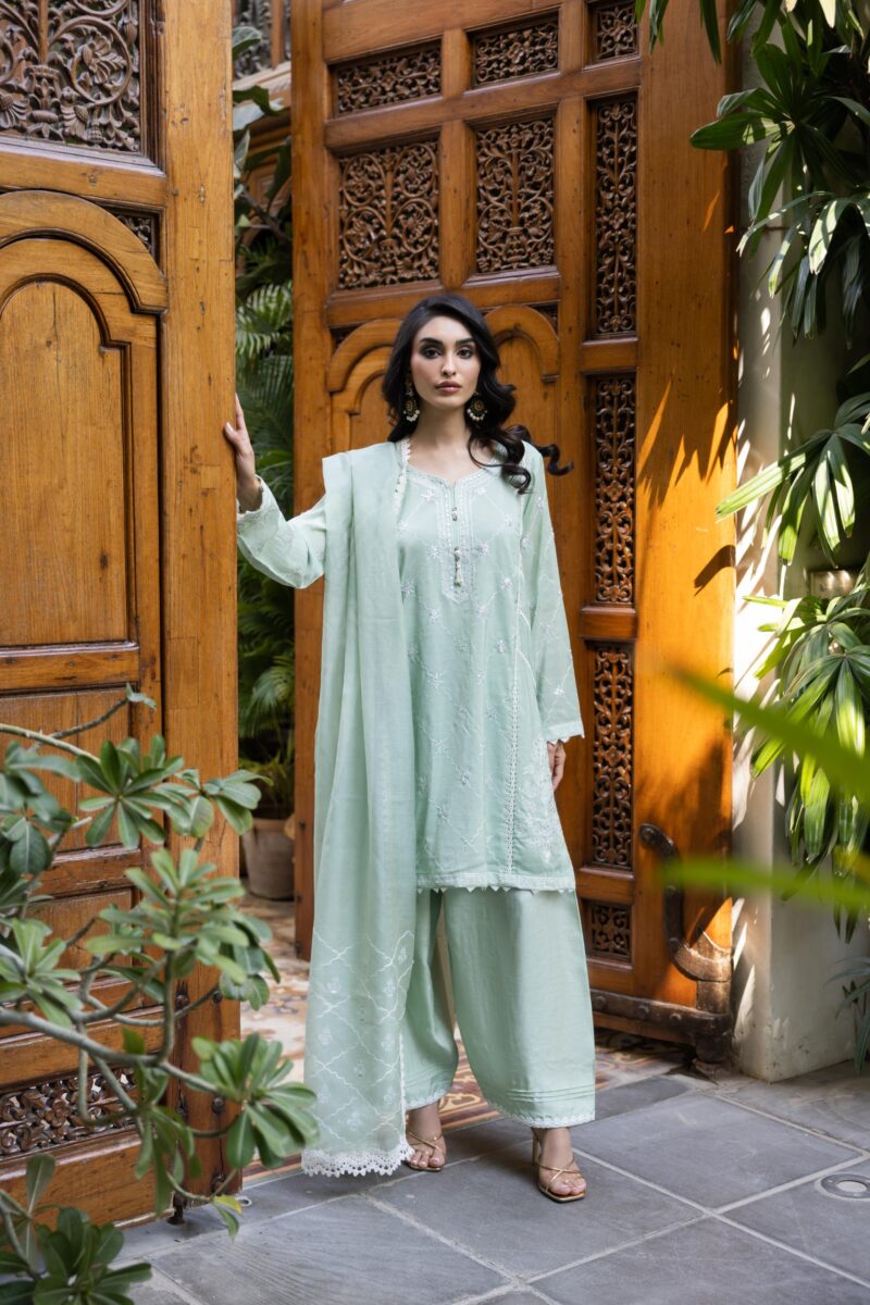 Pakistani Sea Green Arri Embroidered Paper Silk Kurta Set (3-Piece) - Image 1