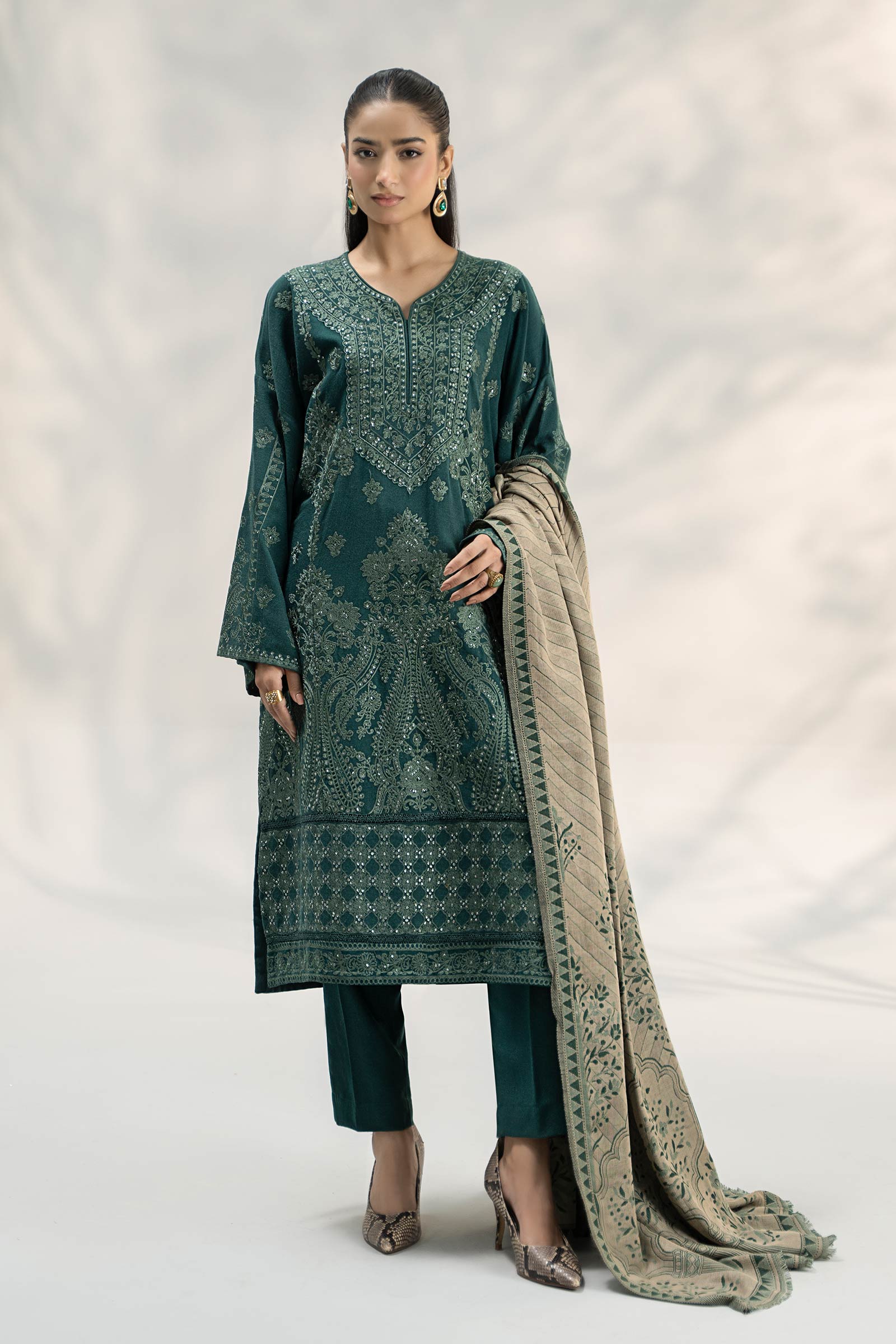 Pakistani Sea Green Embroidered Pashmina Wool 3-Piece Suit - Image 1