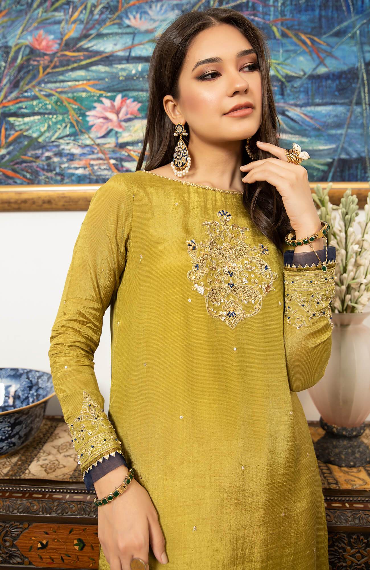 Dhaani Green Hand-Embellished PK Raw Silk Kurti (2-Piece) - Image 1
