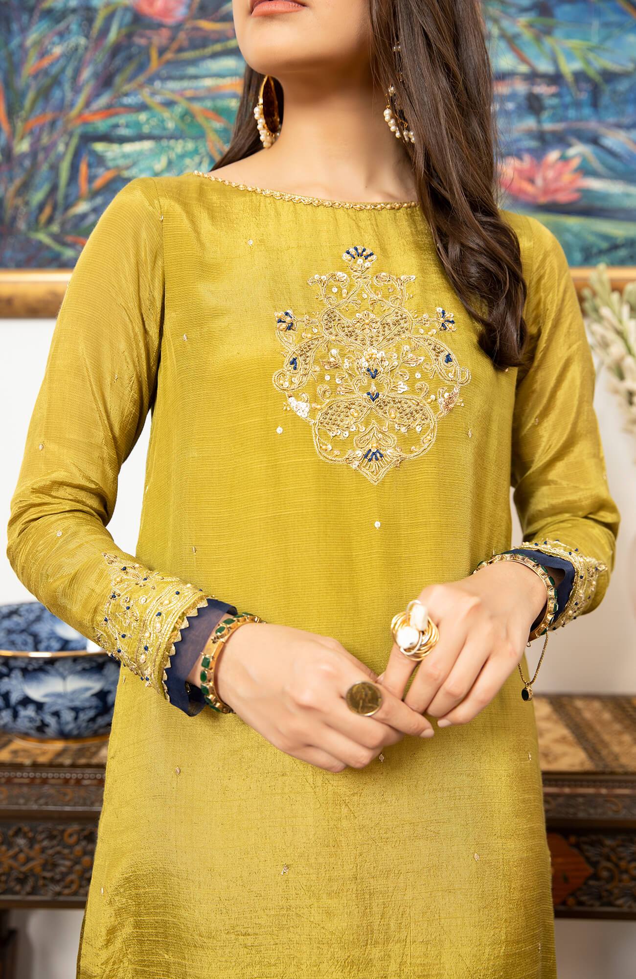 Dhaani Green Hand-Embellished PK Raw Silk Kurti (2-Piece) - Image 5