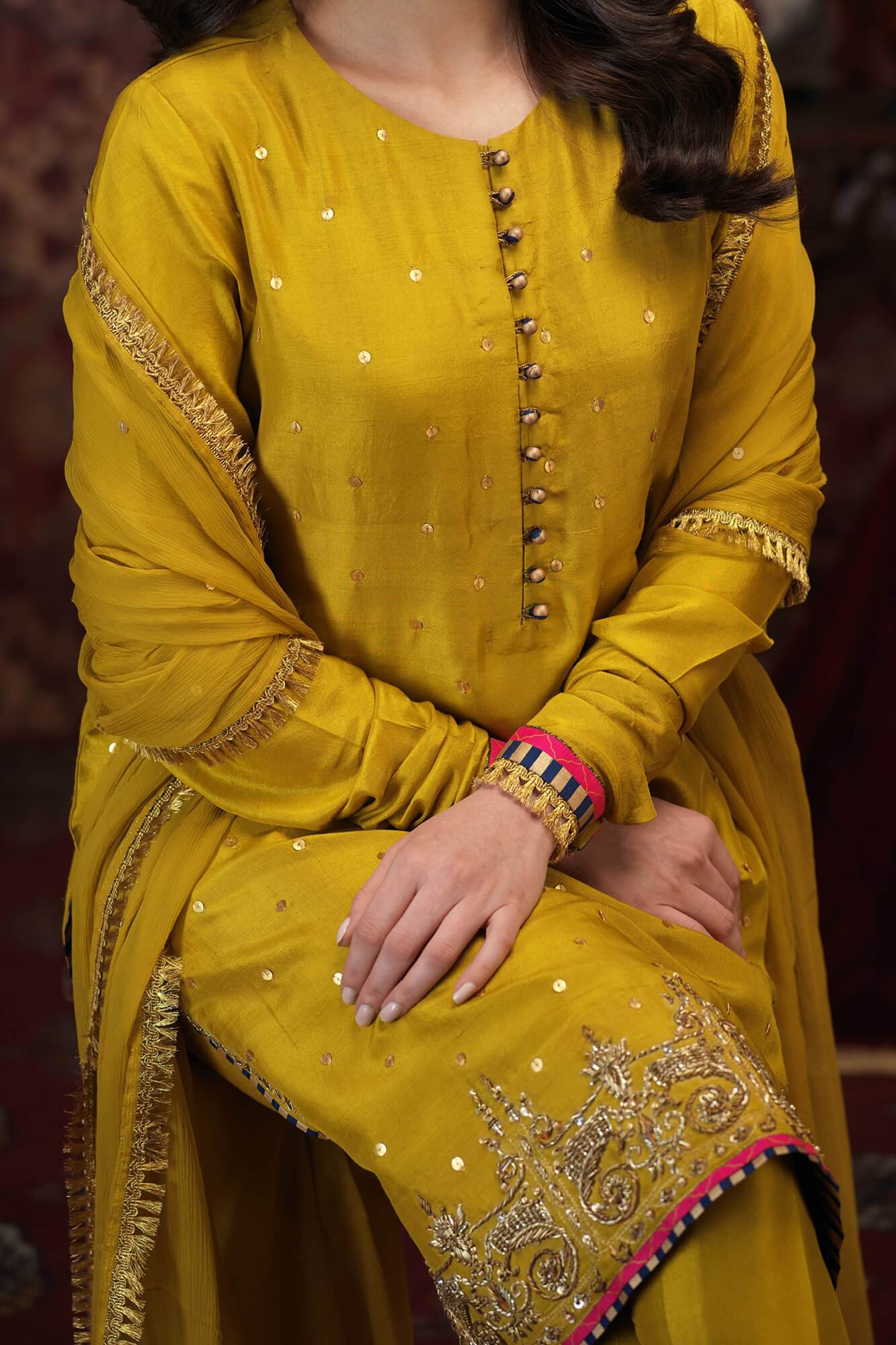 Pakistani Lime Green Embroidered PK Raw Silk Salwar Kameez (3-Piece) - Image 5