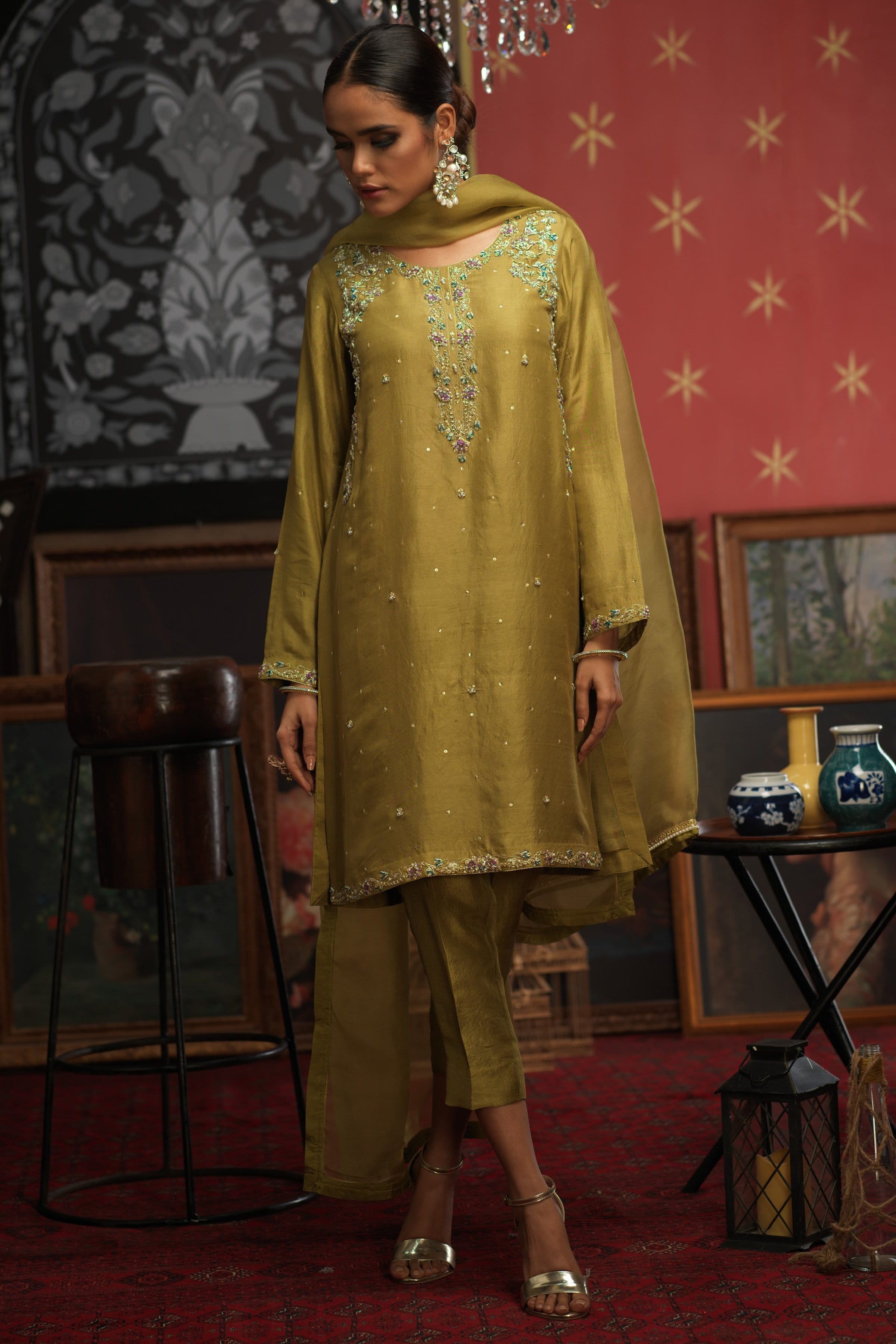 Olive Green Embroidered PK Raw Silk Salwar Kameez (3-Piece) - Image 2