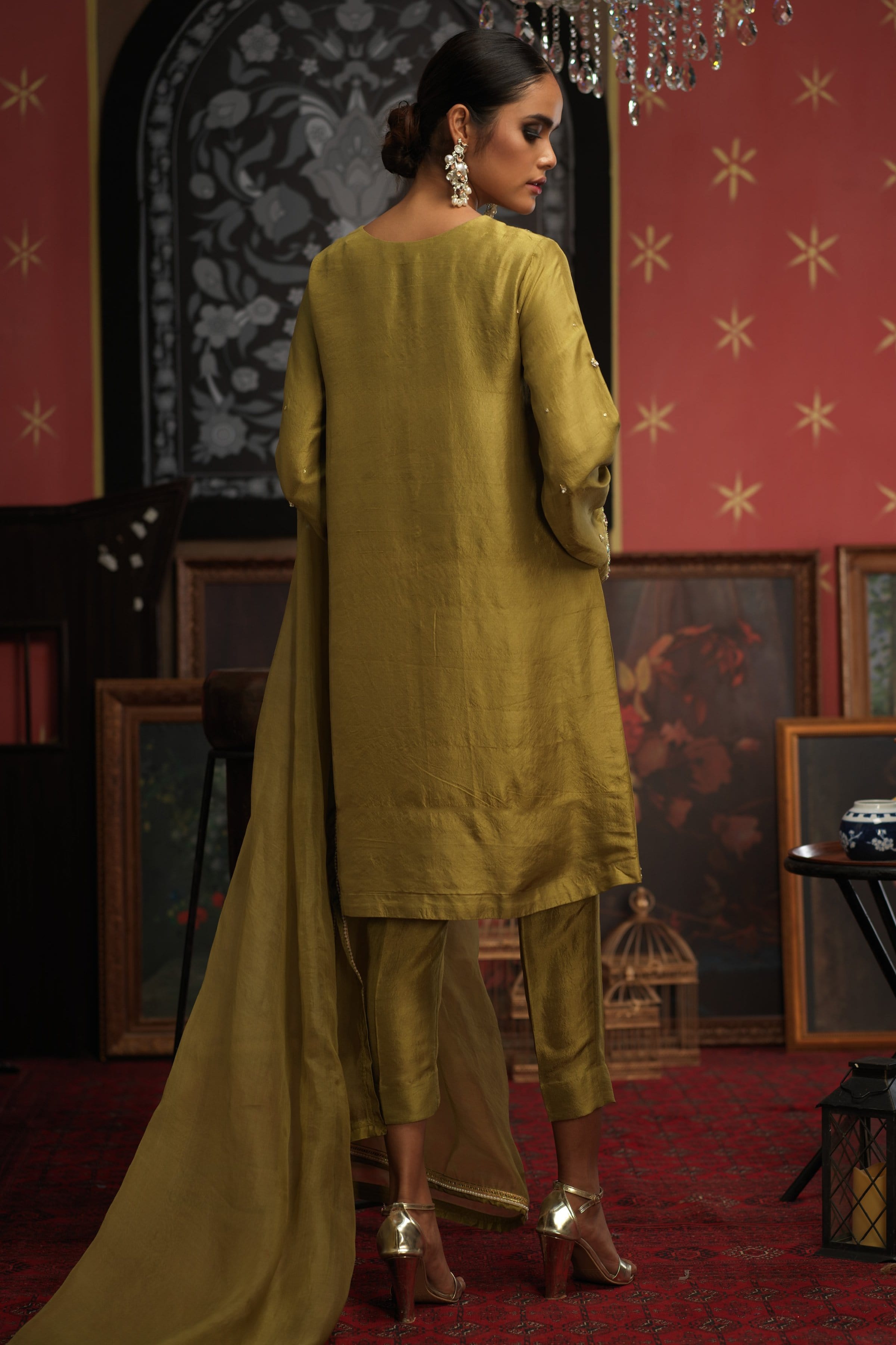 Olive Green Embroidered PK Raw Silk Salwar Kameez (3-Piece) - Image 3
