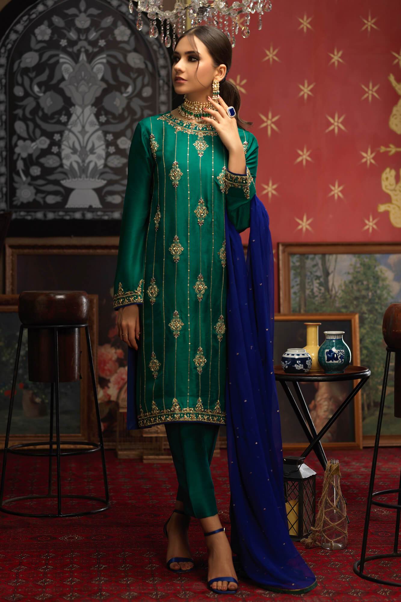 Emerald Green Hand-Embroidered PK Raw Silk Salwar Kameez (3-Piece) - Image 2