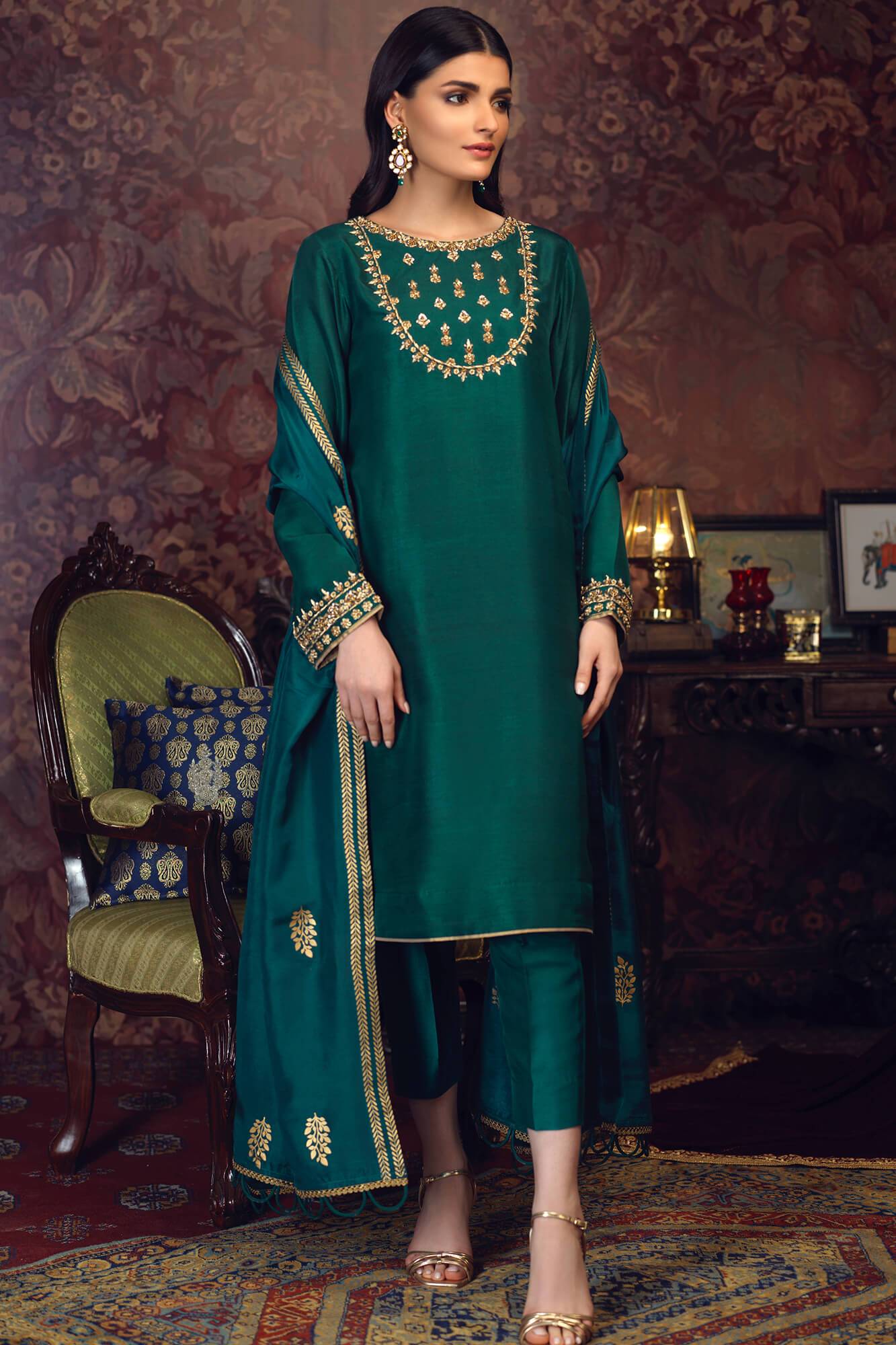 Pakistani Emerald Green Embroidered PK Raw Silk Salwar Kameez (3-Piece) - Image 2