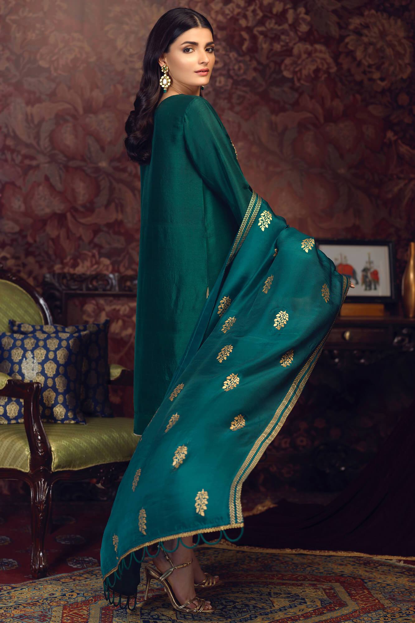 Pakistani Emerald Green Embroidered PK Raw Silk Salwar Kameez (3-Piece) - Image 3