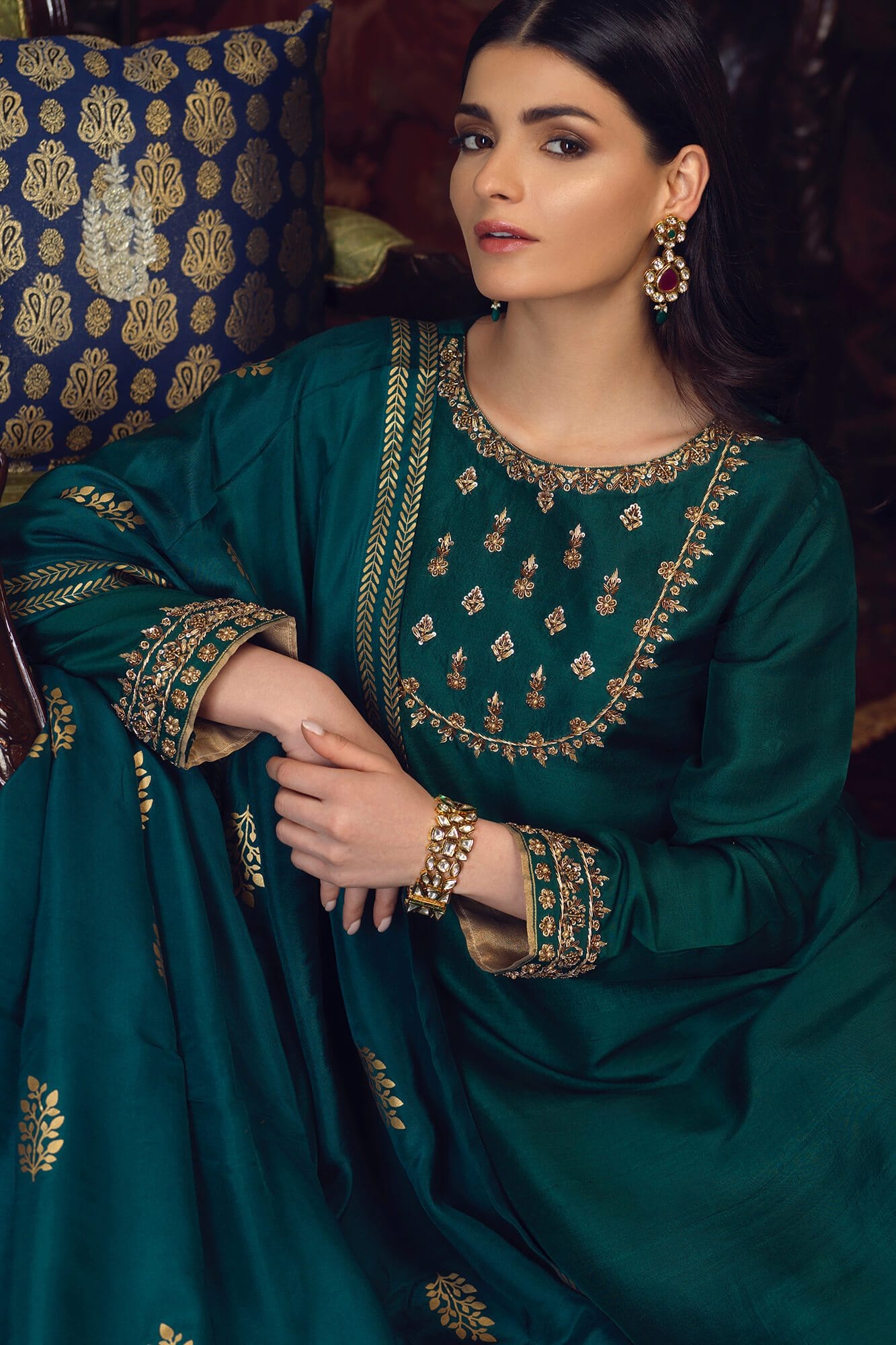 Pakistani Emerald Green Embroidered PK Raw Silk Salwar Kameez (3-Piece) - Image 4
