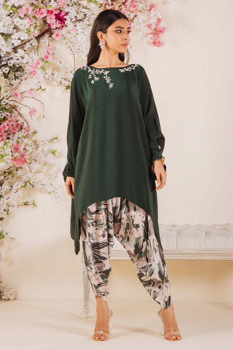 Emerald Green Embroidered Pure Crepe Salwar Kameez (2-Piece) - Image 1