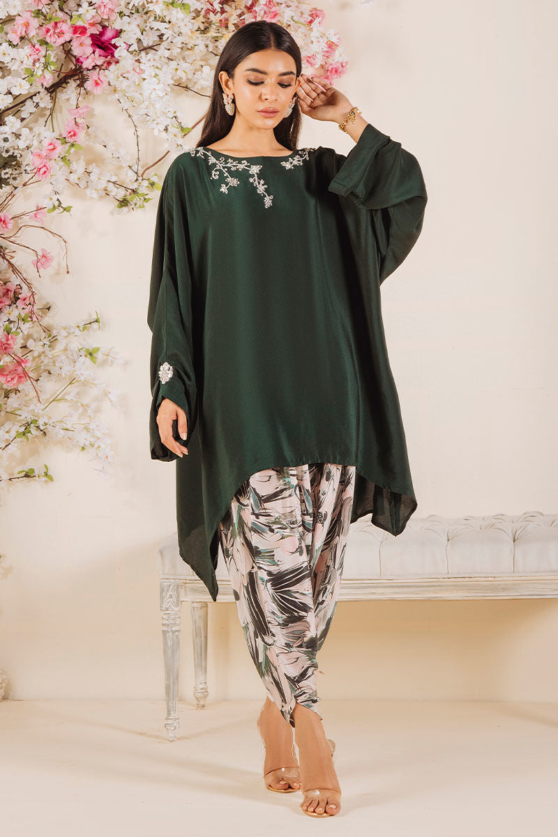 Emerald Green Embroidered Pure Crepe Salwar Kameez (2-Piece) - Image 2