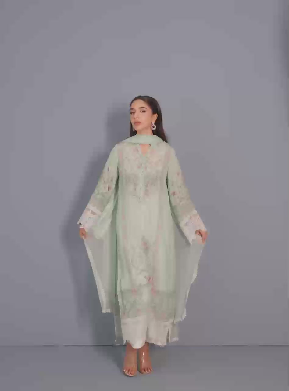 Mint Embroidered Pure Silk Salwar Kameez (3-Piece) - Image 5