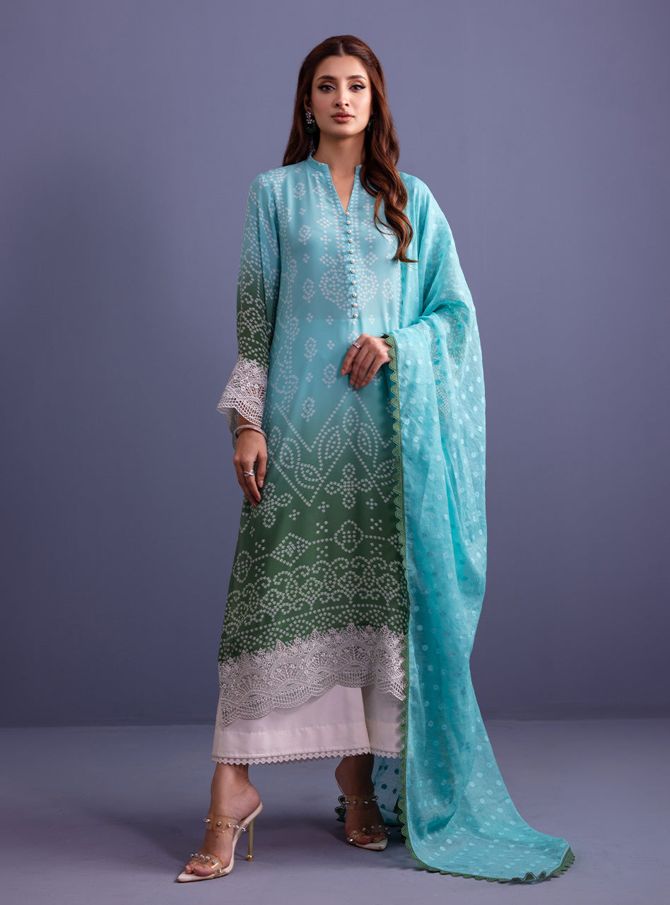 Pakistani Mint Green Embroidered Pure Silk Salwar Kameez (3-Piece) - Image 1