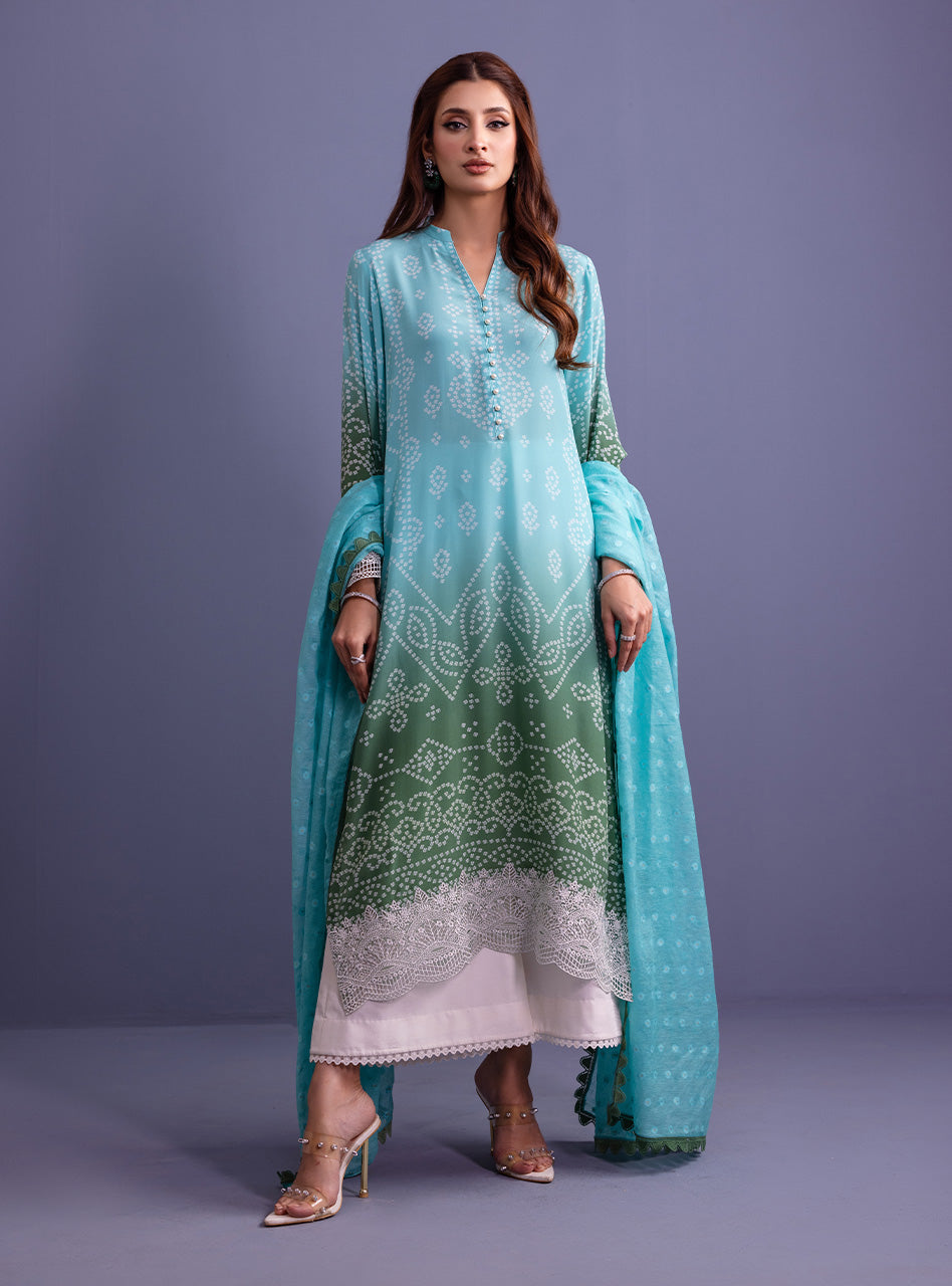 Pakistani Mint Green Embroidered Pure Silk Salwar Kameez (3-Piece) - Image 2
