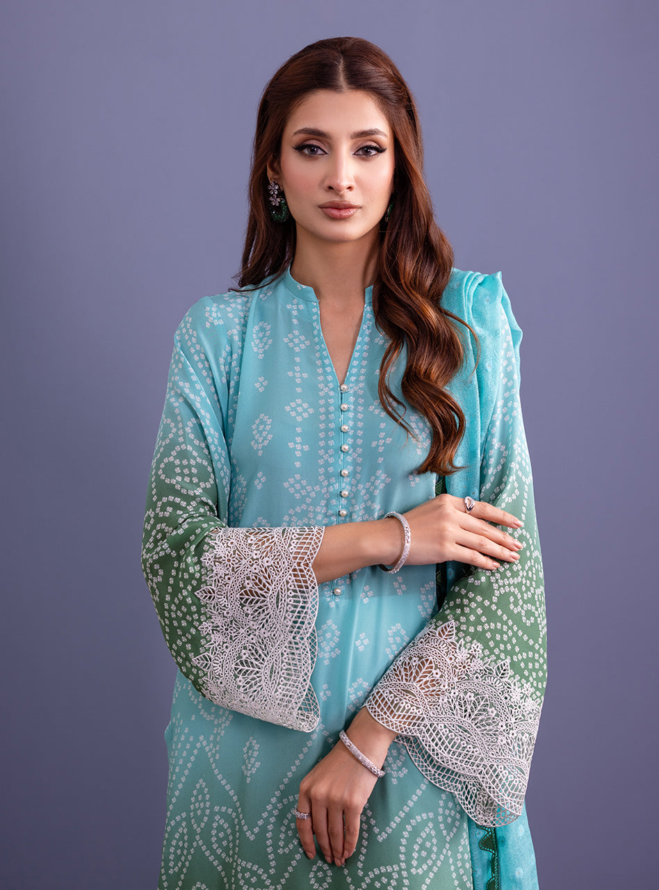 Pakistani Mint Green Embroidered Pure Silk Salwar Kameez (3-Piece) - Image 3