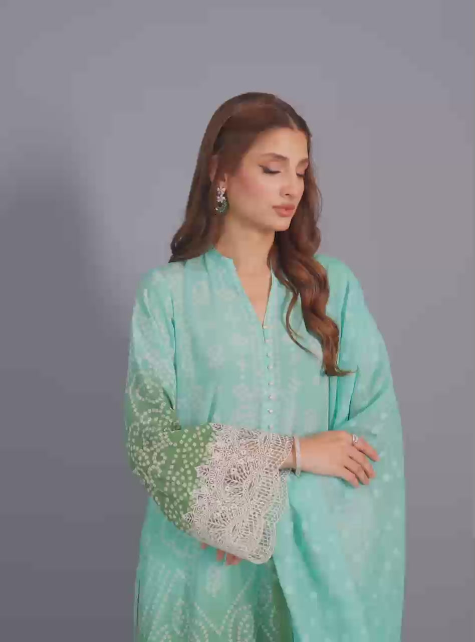 Pakistani Mint Green Embroidered Pure Silk Salwar Kameez (3-Piece) - Image 4