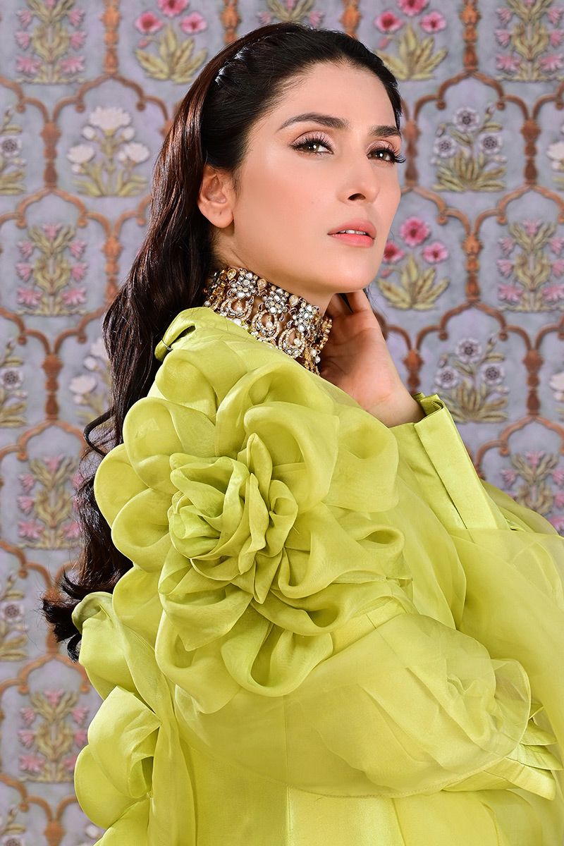 Chartreuse 3D Floral Raw Silk Salwar Kameez (3-Piece) - Image 2