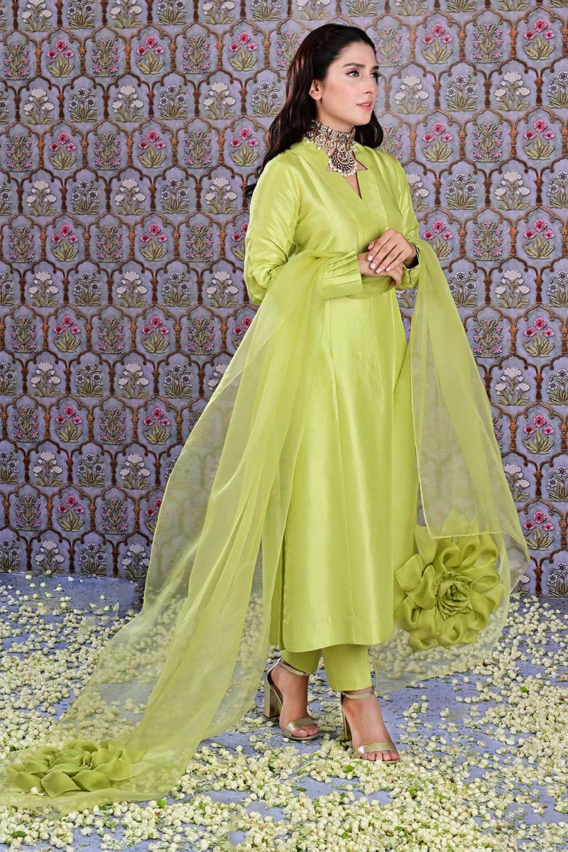 Chartreuse 3D Floral Raw Silk Salwar Kameez (3-Piece) - Image 3