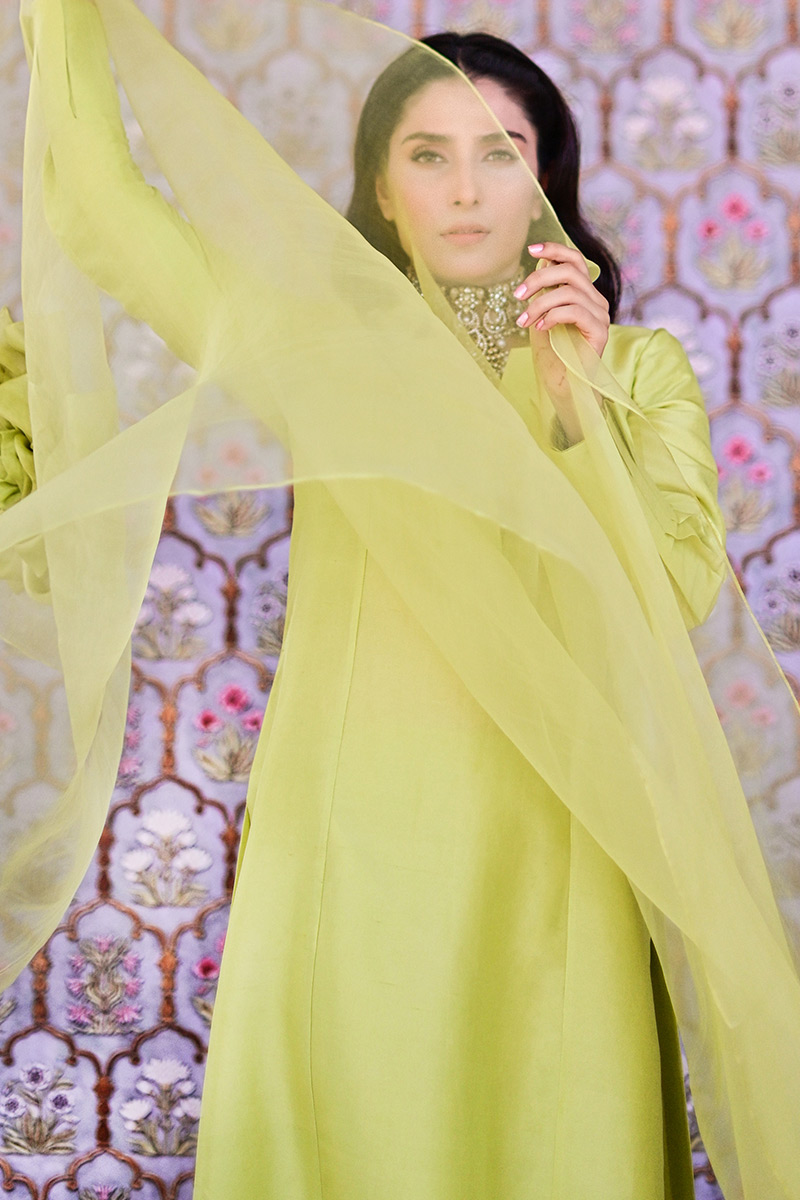 Chartreuse 3D Floral Raw Silk Salwar Kameez (3-Piece) - Image 5