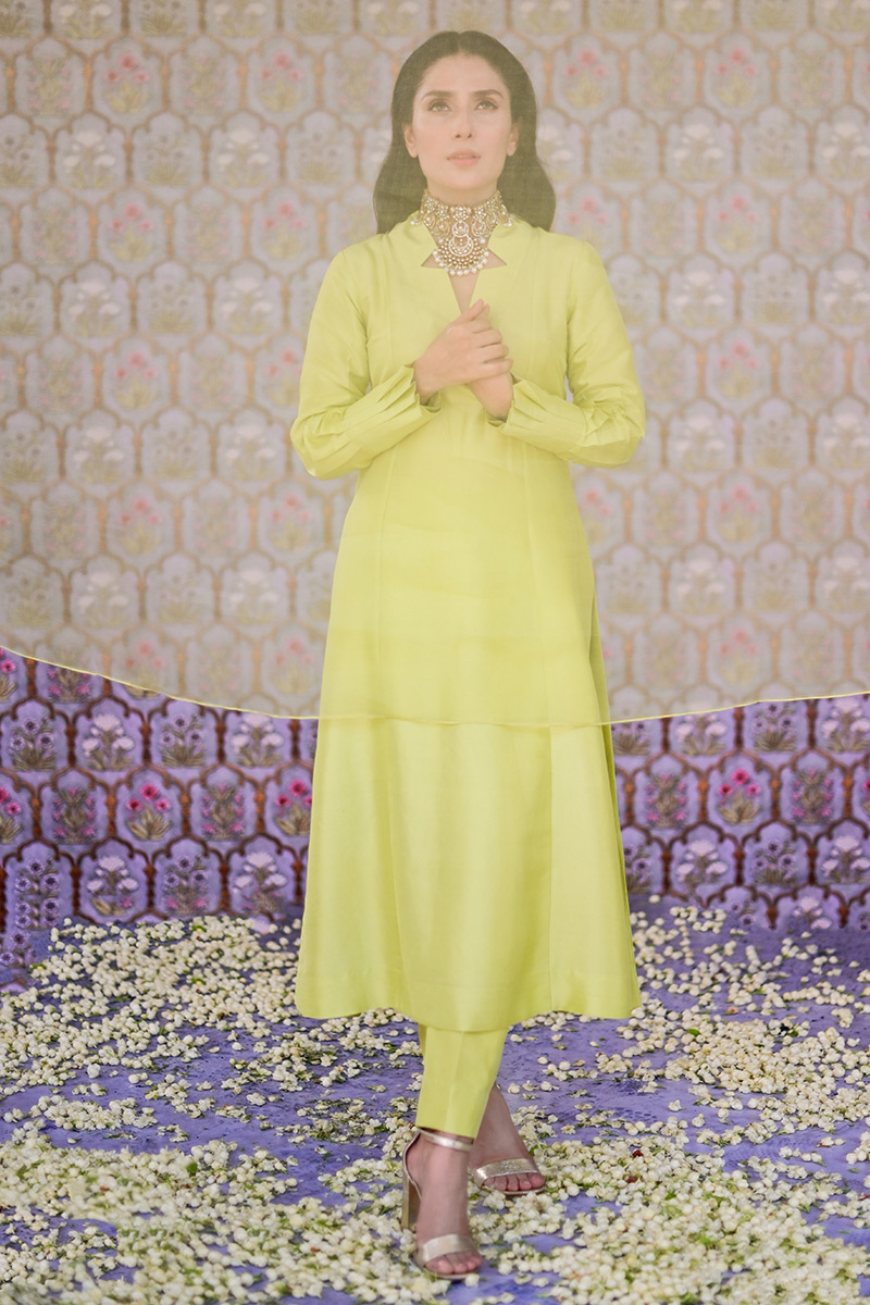 Chartreuse 3D Floral Raw Silk Salwar Kameez (3-Piece) - Image 6