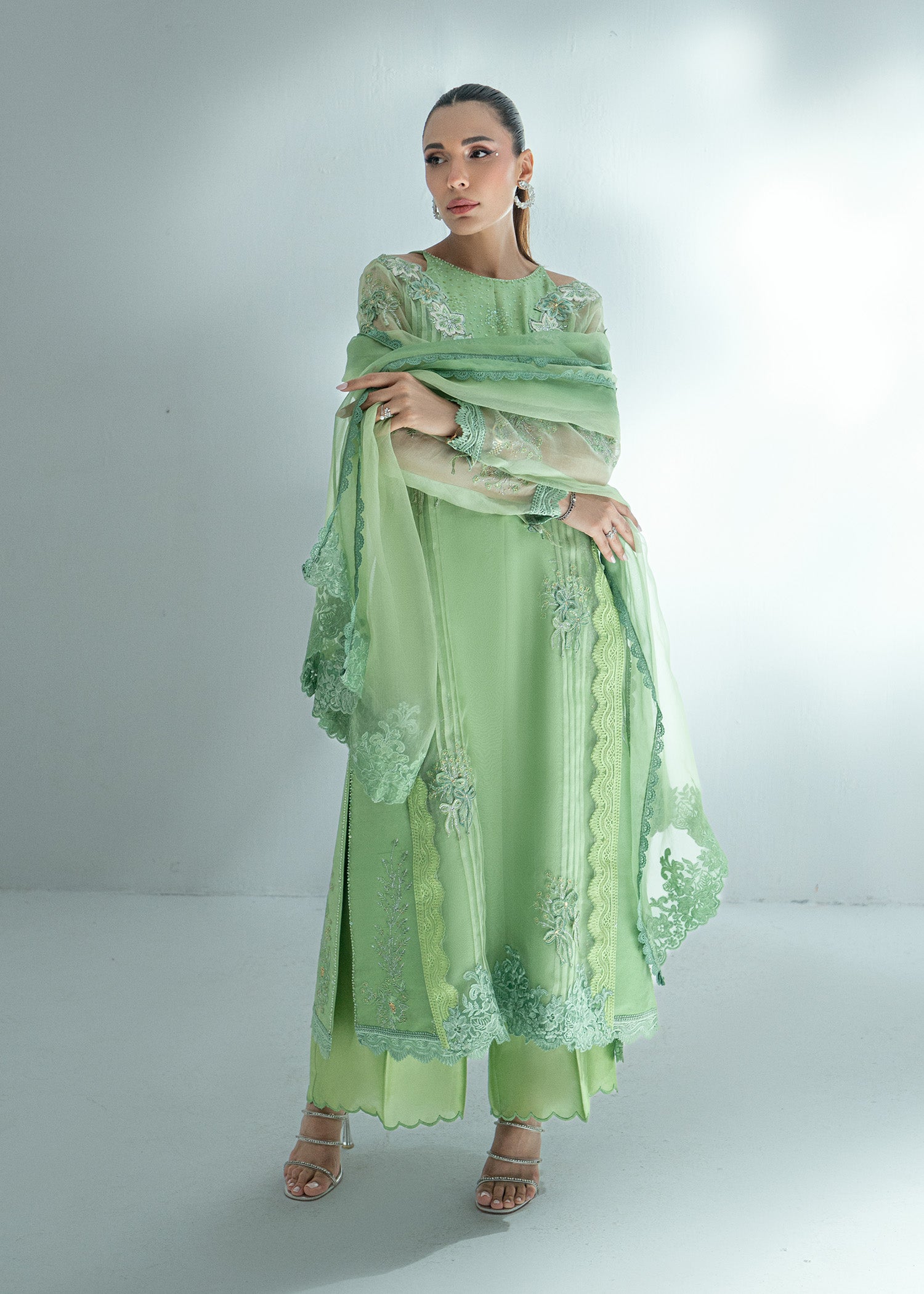 Pakistani Grass Green Embroidered Silk Salwar Kameez (3-Piece) - Image 1