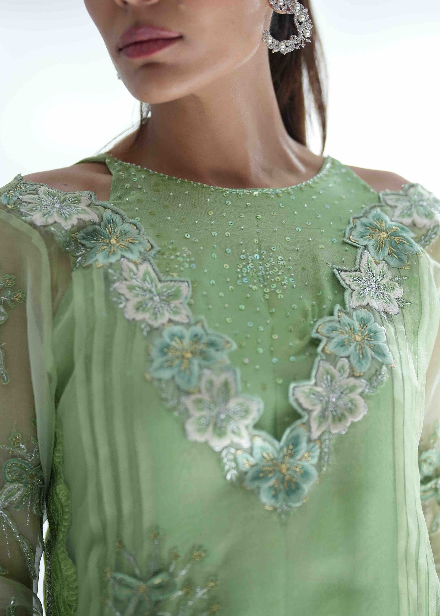 Pakistani Grass Green Embroidered Silk Salwar Kameez (3-Piece) - Image 10