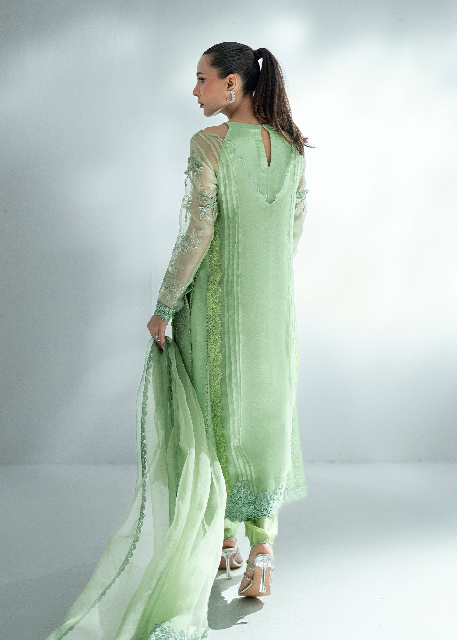 Pakistani Grass Green Embroidered Silk Salwar Kameez (3-Piece) - Image 11