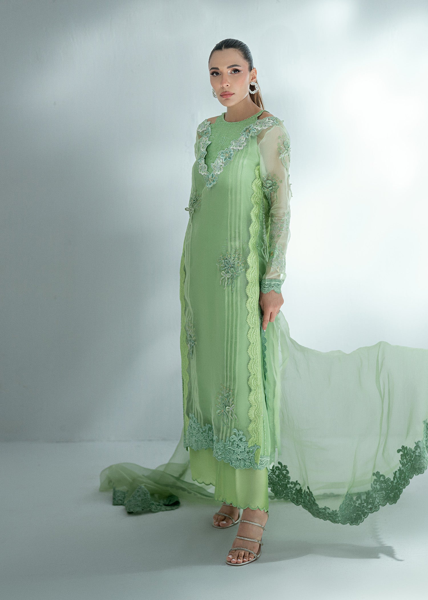 Pakistani Grass Green Embroidered Silk Salwar Kameez (3-Piece) - Image 12