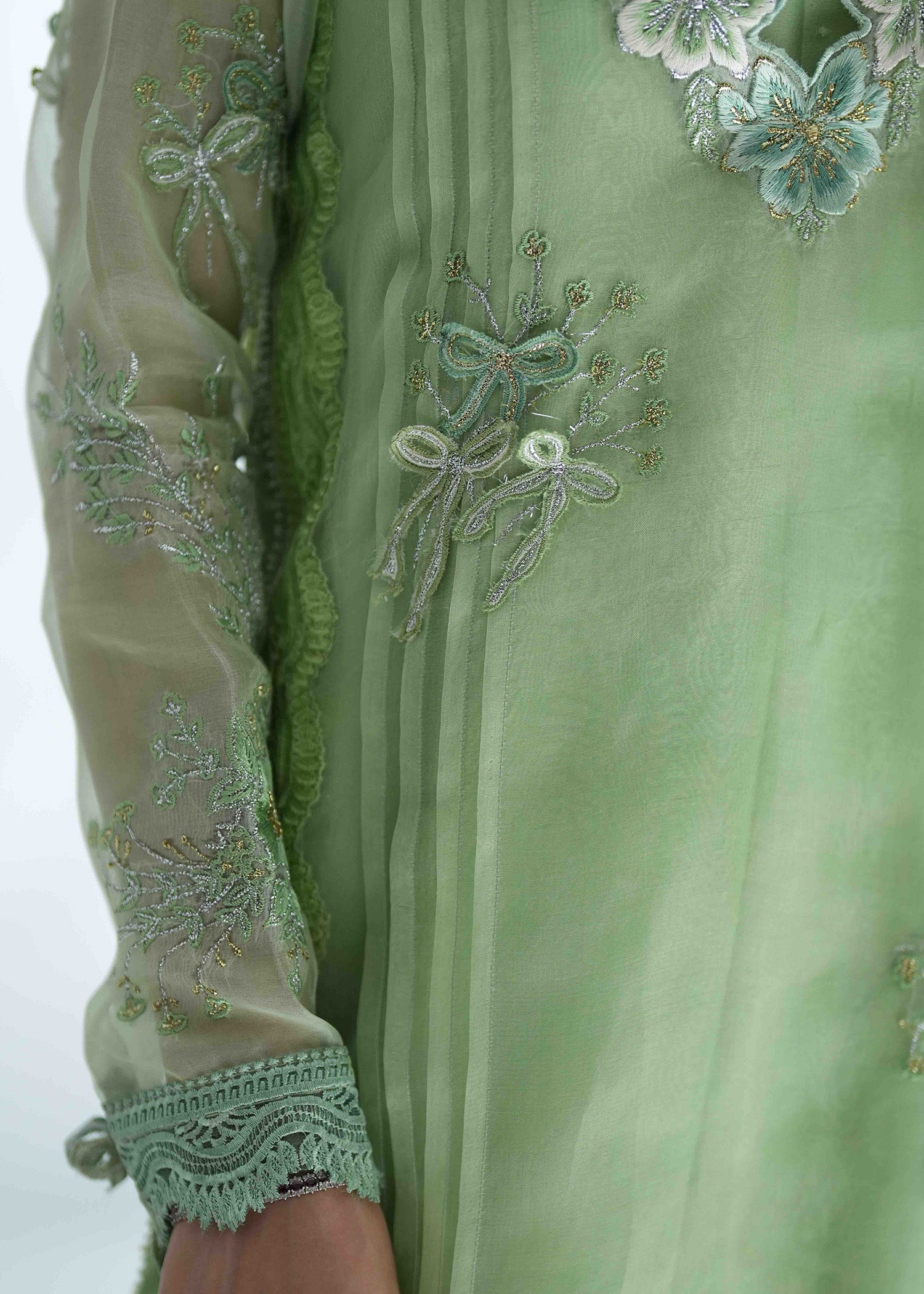 Pakistani Grass Green Embroidered Silk Salwar Kameez (3-Piece) - Image 13