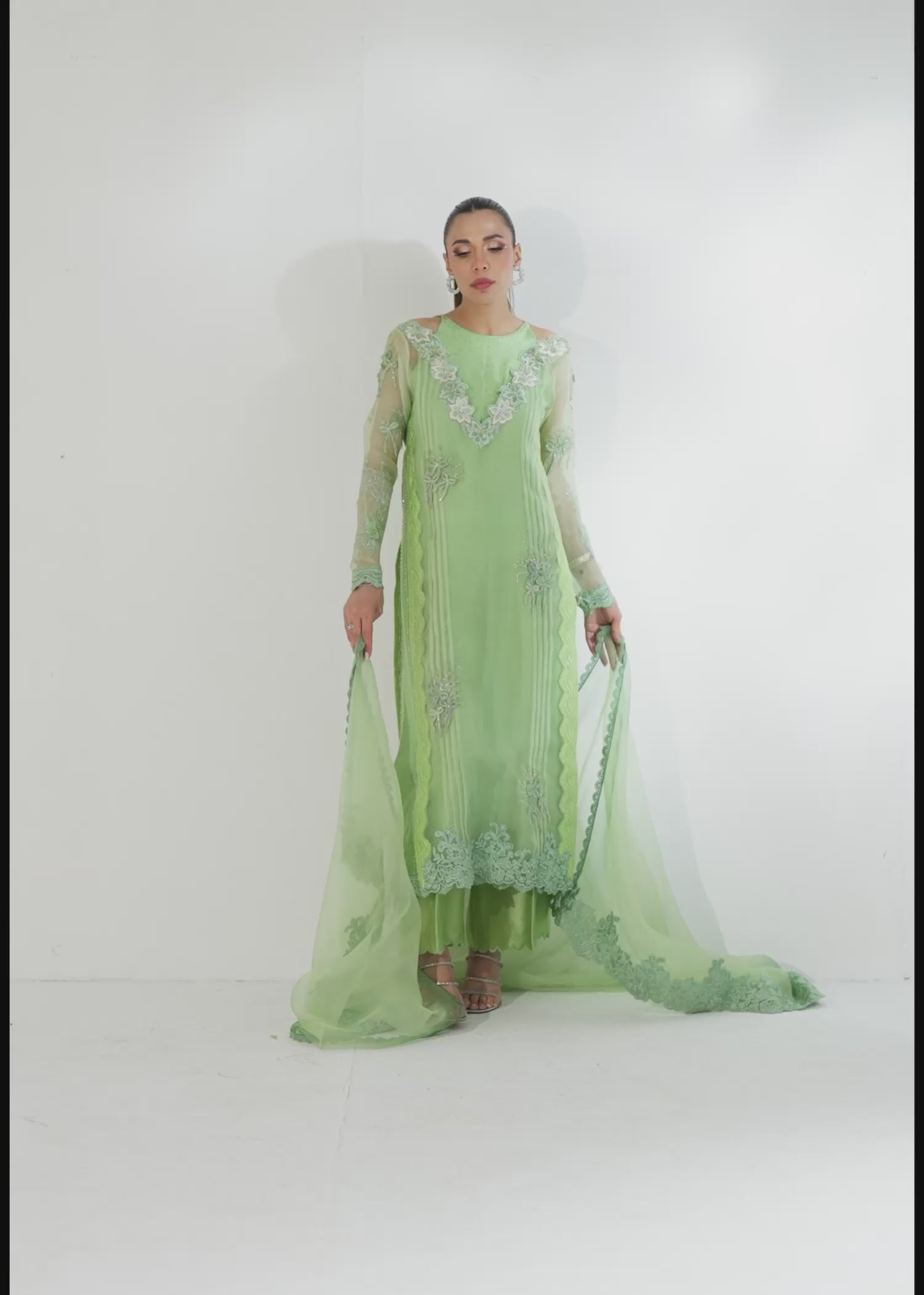 Pakistani Grass Green Embroidered Silk Salwar Kameez (3-Piece) - Image 14