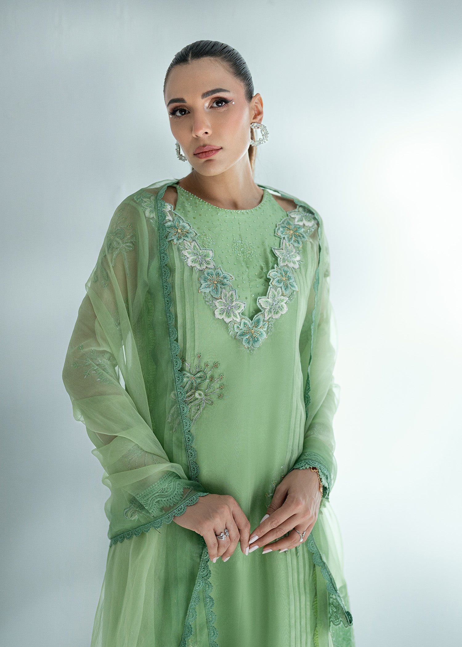 Pakistani Grass Green Embroidered Silk Salwar Kameez (3-Piece) - Image 15