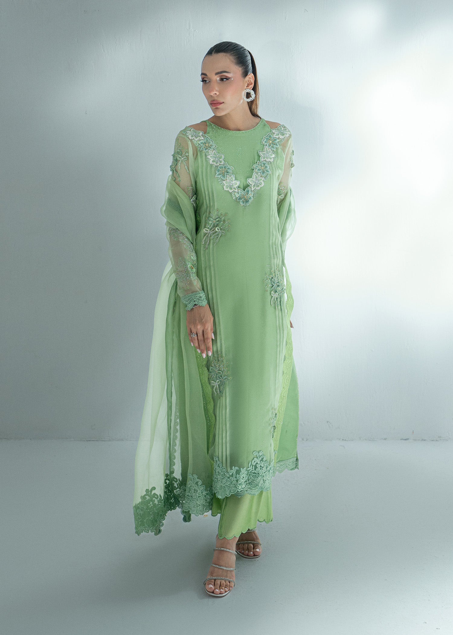 Pakistani Grass Green Embroidered Silk Salwar Kameez (3-Piece) - Image 2