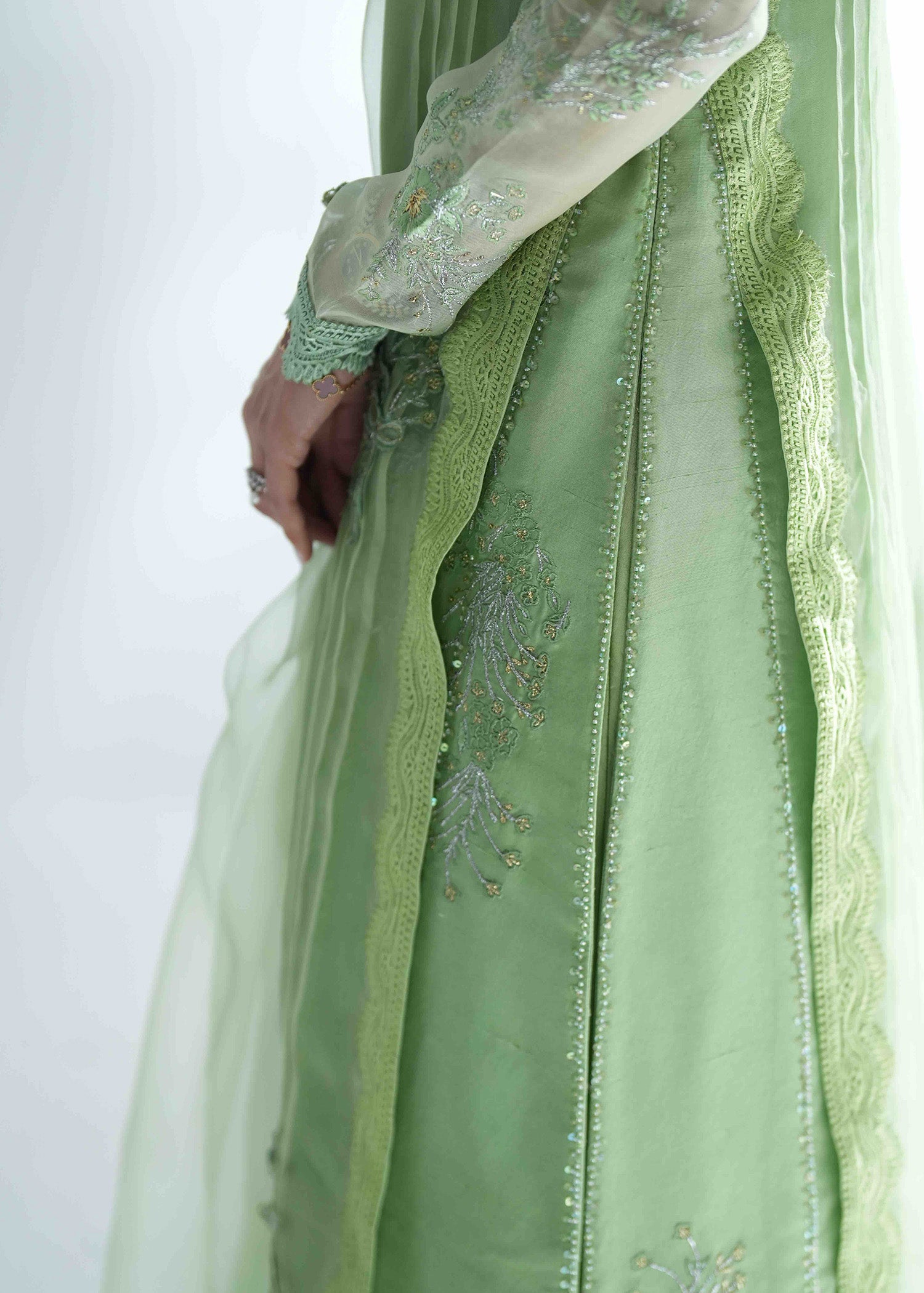 Pakistani Grass Green Embroidered Silk Salwar Kameez (3-Piece) - Image 3