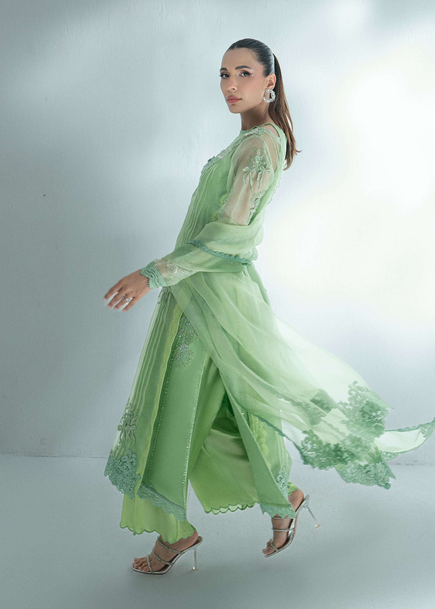 Pakistani Grass Green Embroidered Silk Salwar Kameez (3-Piece) - Image 4