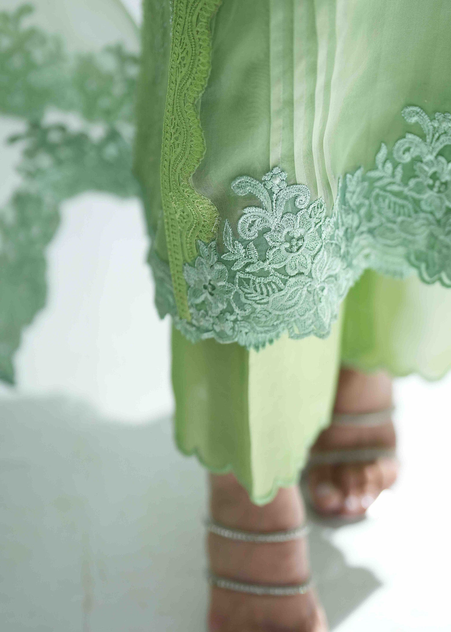 Pakistani Grass Green Embroidered Silk Salwar Kameez (3-Piece) - Image 5