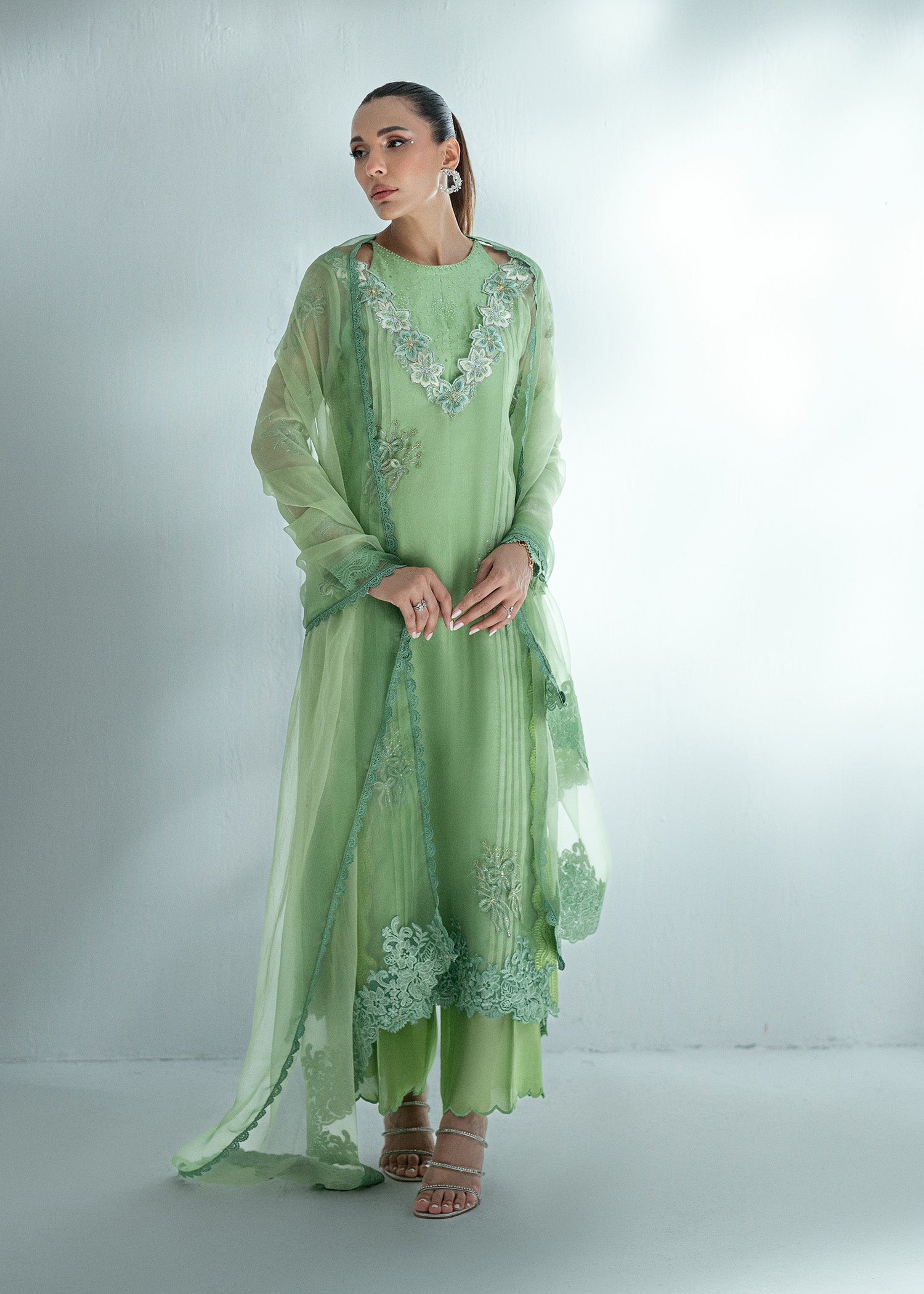 Pakistani Grass Green Embroidered Silk Salwar Kameez (3-Piece) - Image 6