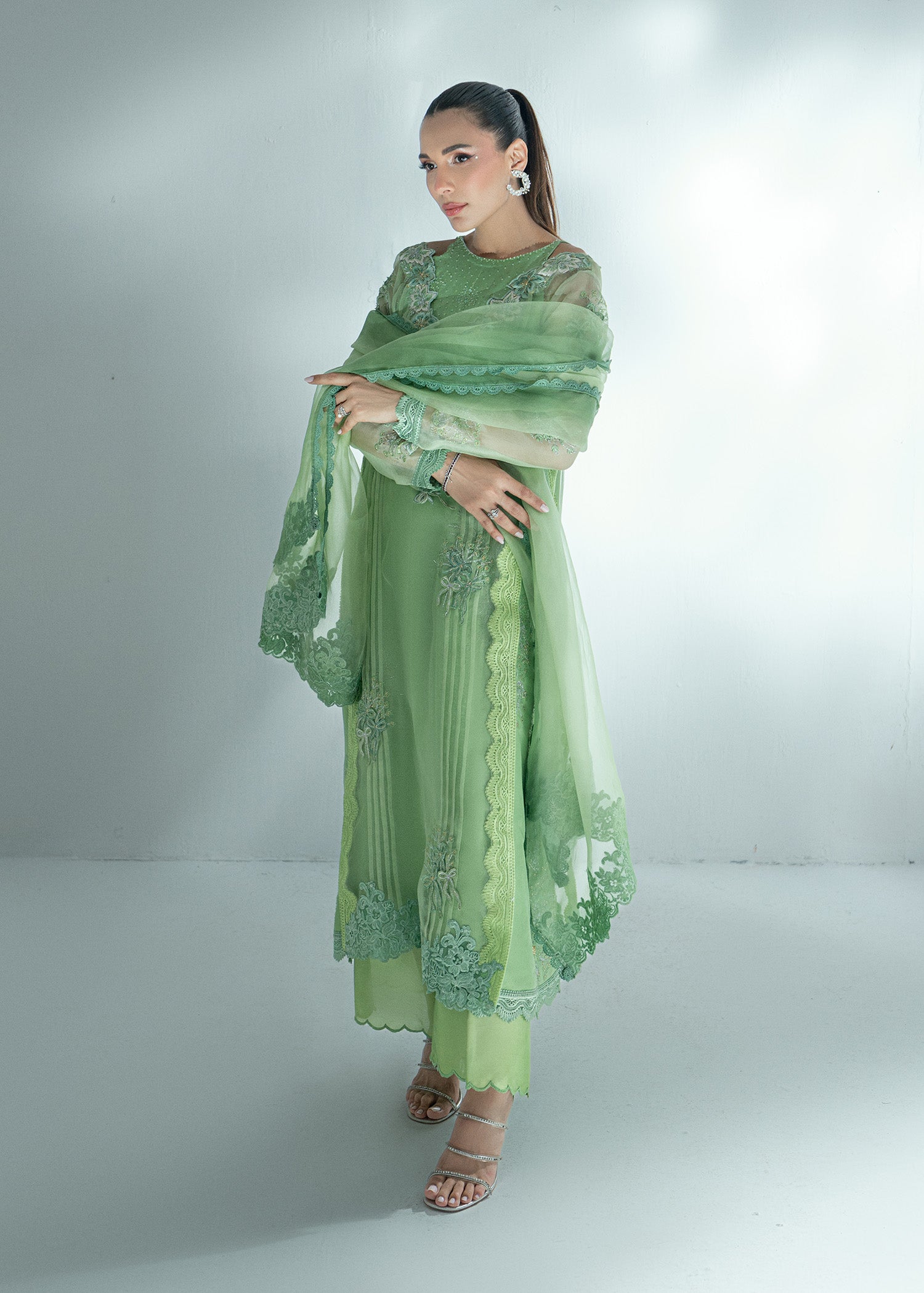 Pakistani Grass Green Embroidered Silk Salwar Kameez (3-Piece) - Image 7