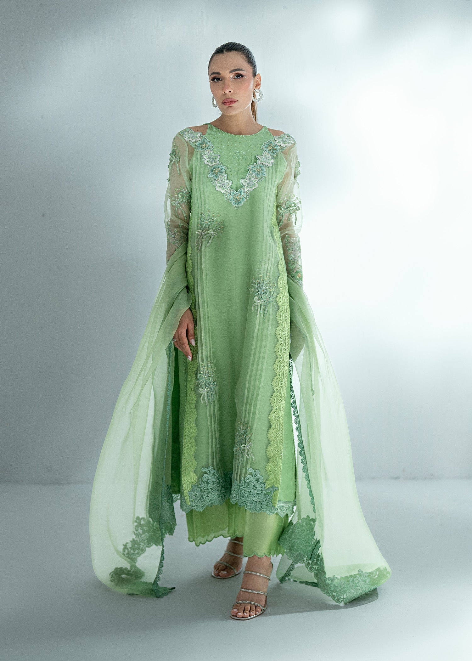 Pakistani Grass Green Embroidered Silk Salwar Kameez (3-Piece) - Image 8