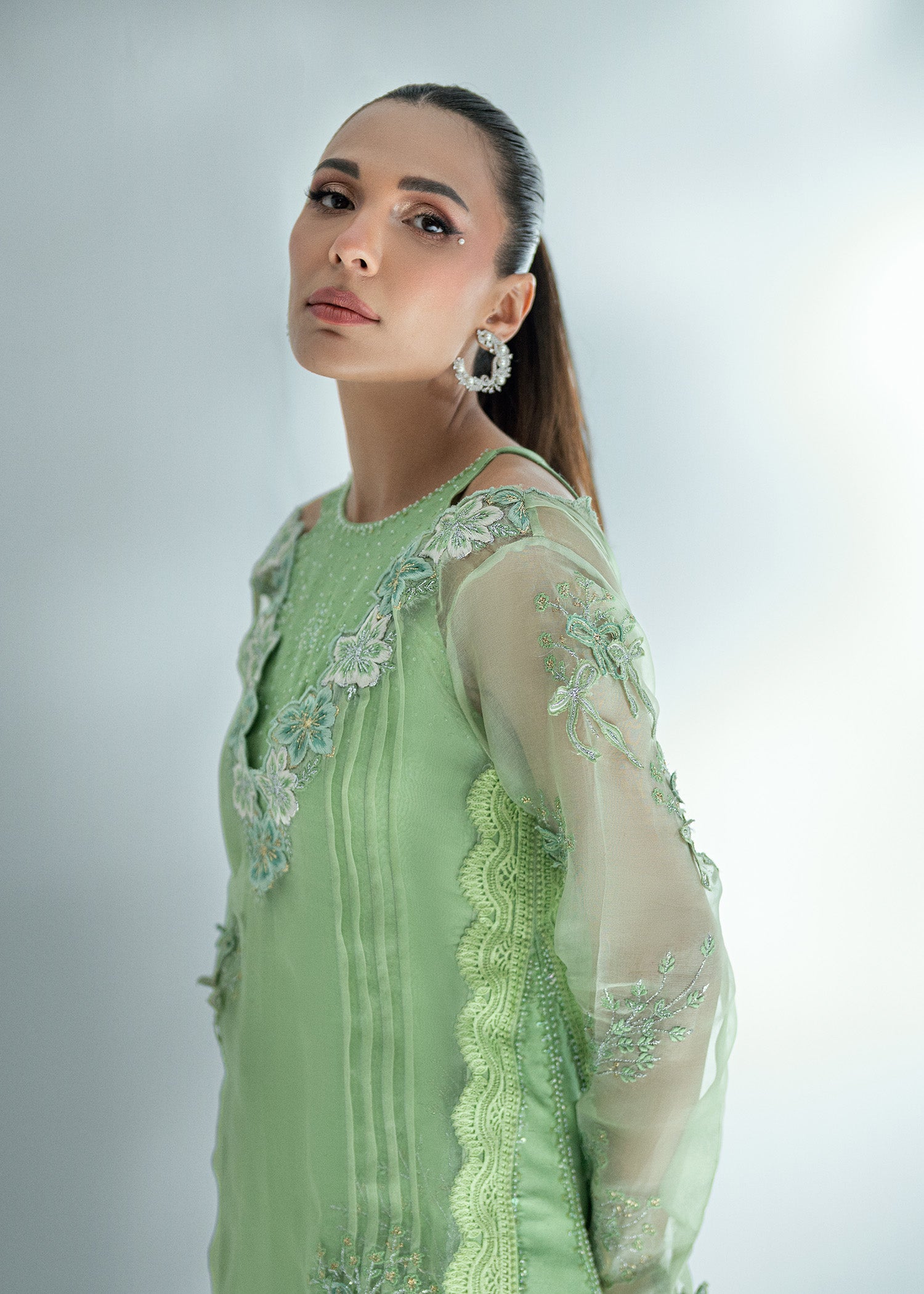 Pakistani Grass Green Embroidered Silk Salwar Kameez (3-Piece) - Image 9