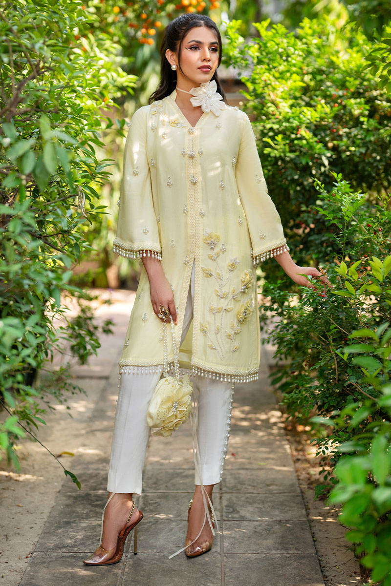 Lime Embellished Raw Silk Jacket Salwar Kameez (2-Piece) - Image 1