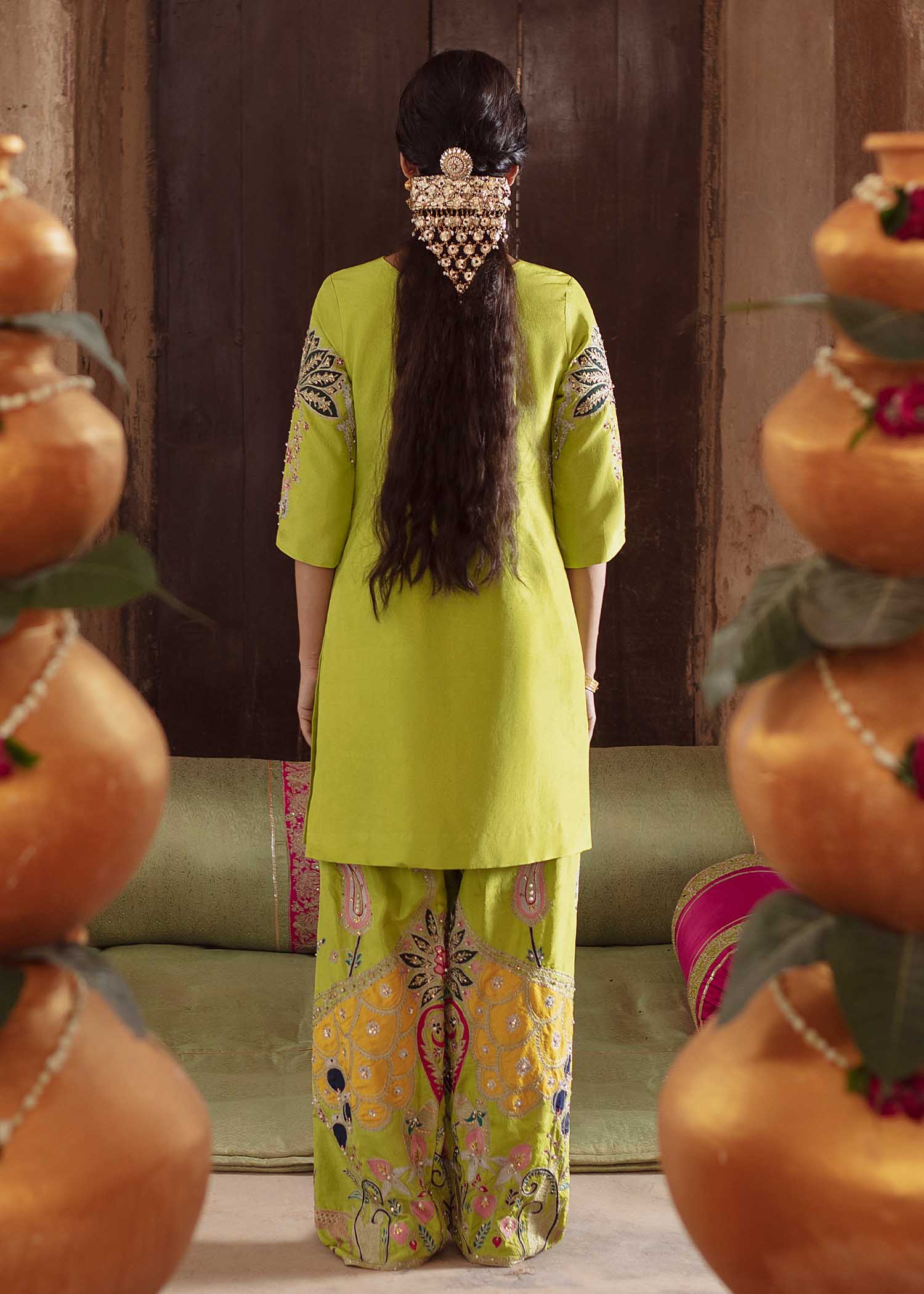 Dhani Green Aari Embroidered Raw Silk Shalwar Kameez (3-Piece) - Image 2