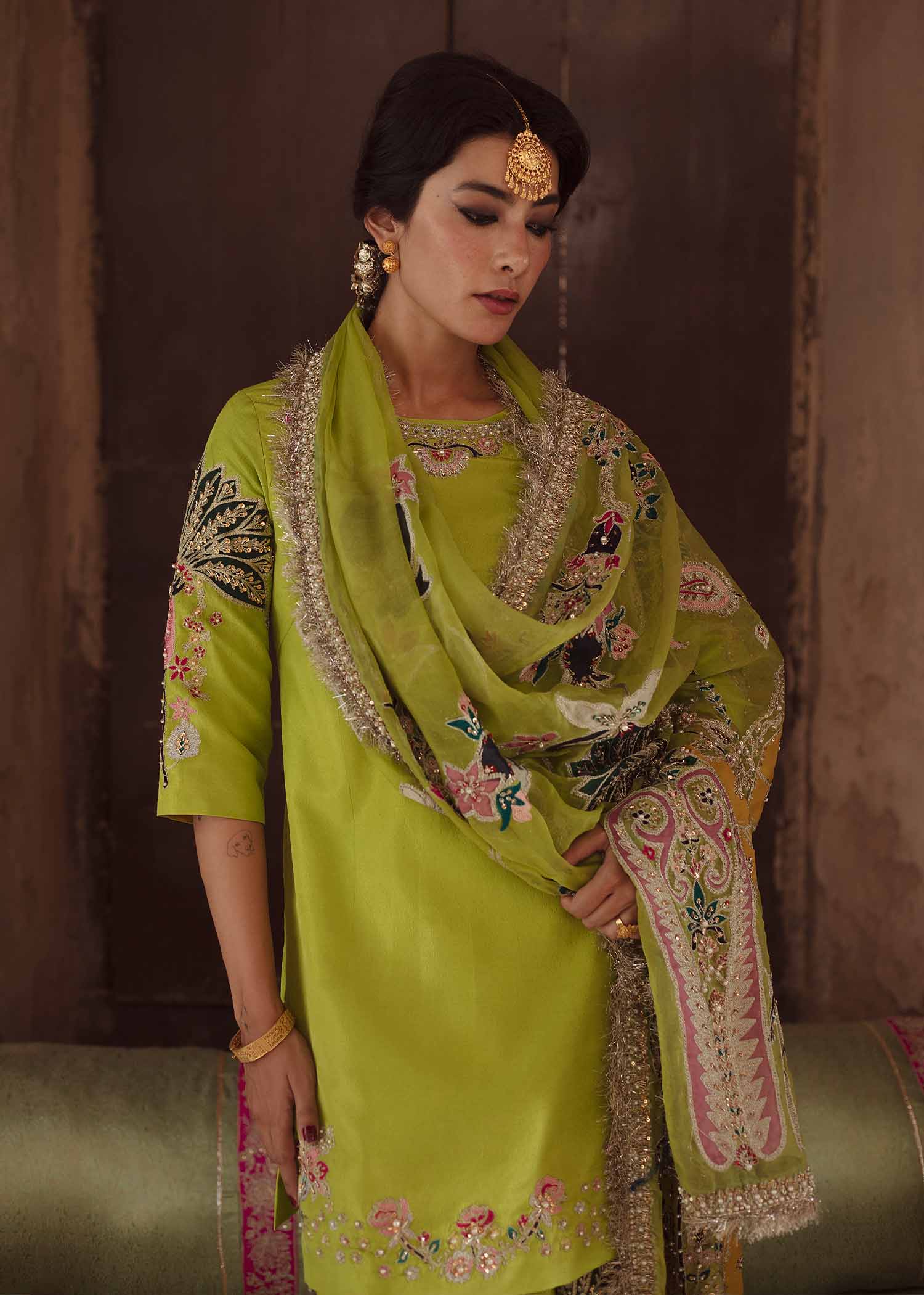 Dhani Green Aari Embroidered Raw Silk Shalwar Kameez (3-Piece) - Image 3