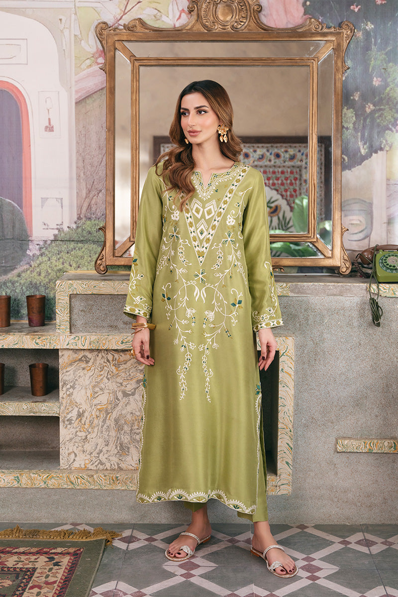 Dhani Green Aari Embroidered Raw Silk Kurta (2-Piece) - Image 1