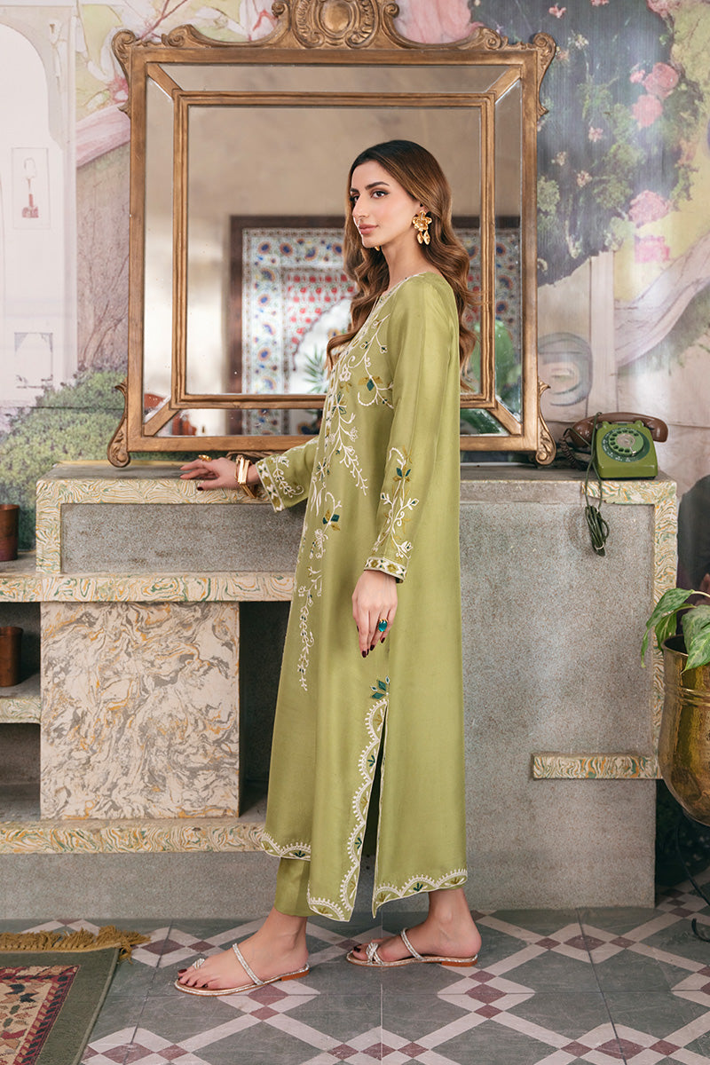 Dhani Green Aari Embroidered Raw Silk Kurta (2-Piece) - Image 3