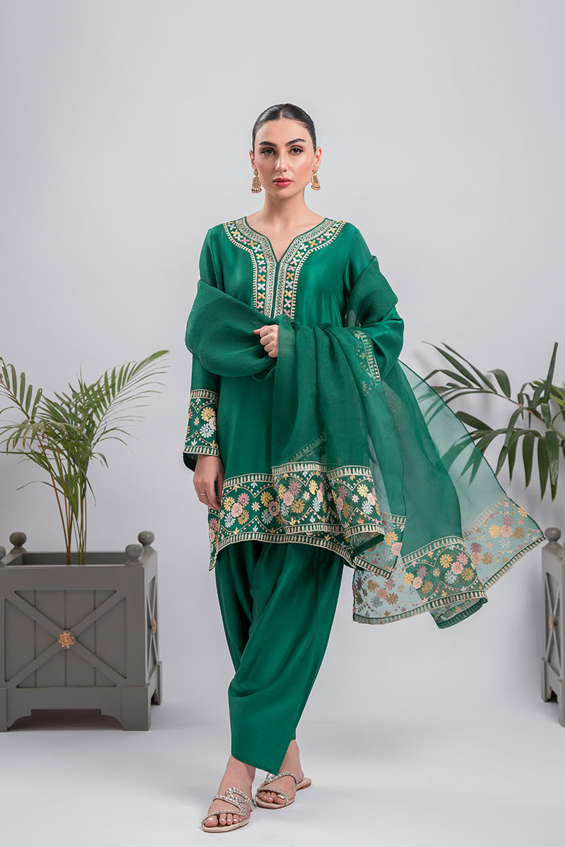 Pakistani Dark Green Aari Embroidered Silk Salwar Kameez (3-Piece) - Image 2