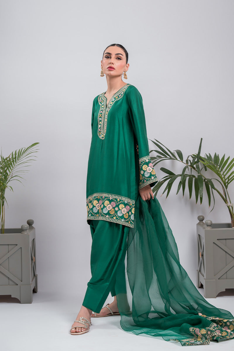 Pakistani Dark Green Aari Embroidered Silk Salwar Kameez (3-Piece) - Image 5
