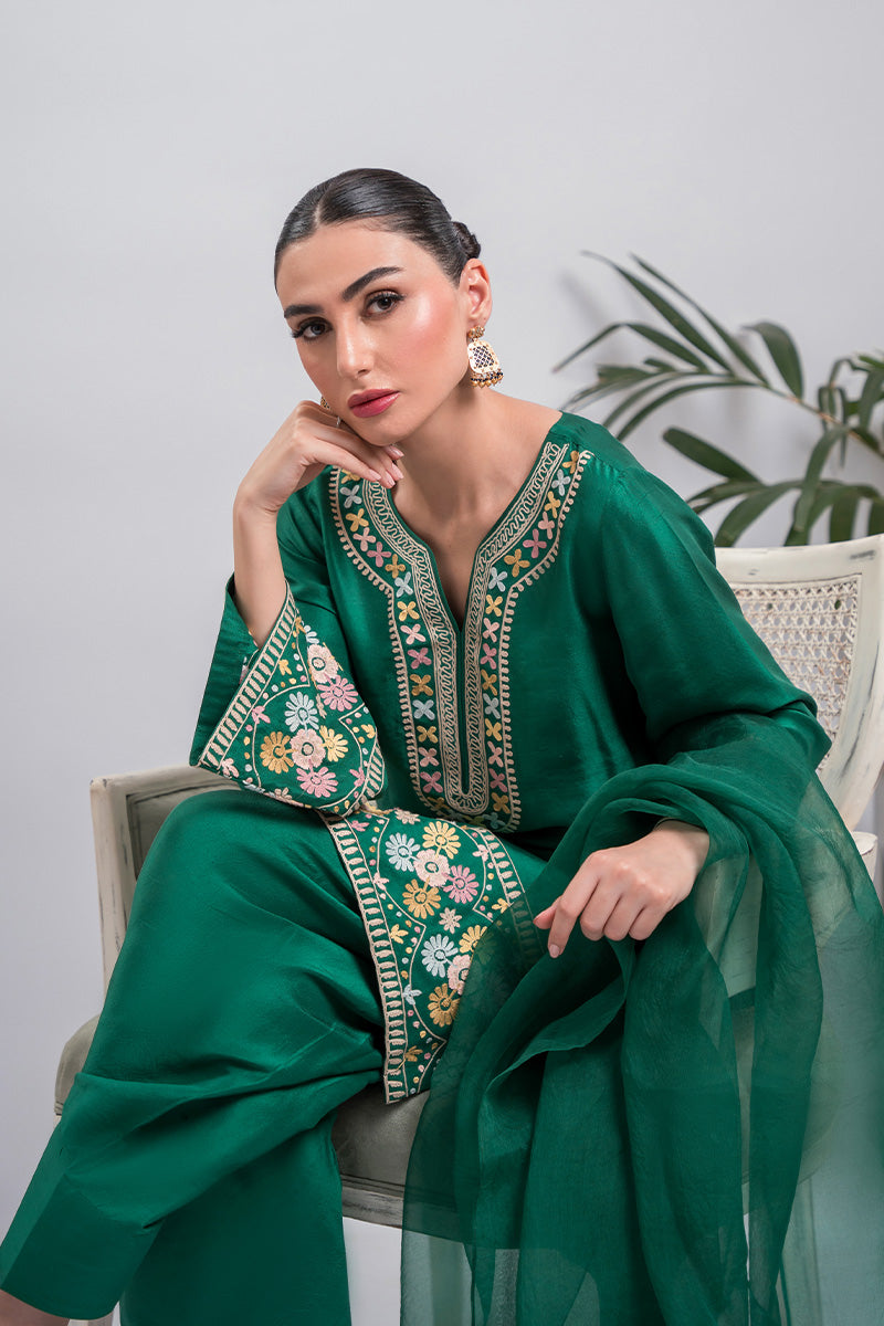 Pakistani Dark Green Aari Embroidered Silk Salwar Kameez (3-Piece) - Image 6