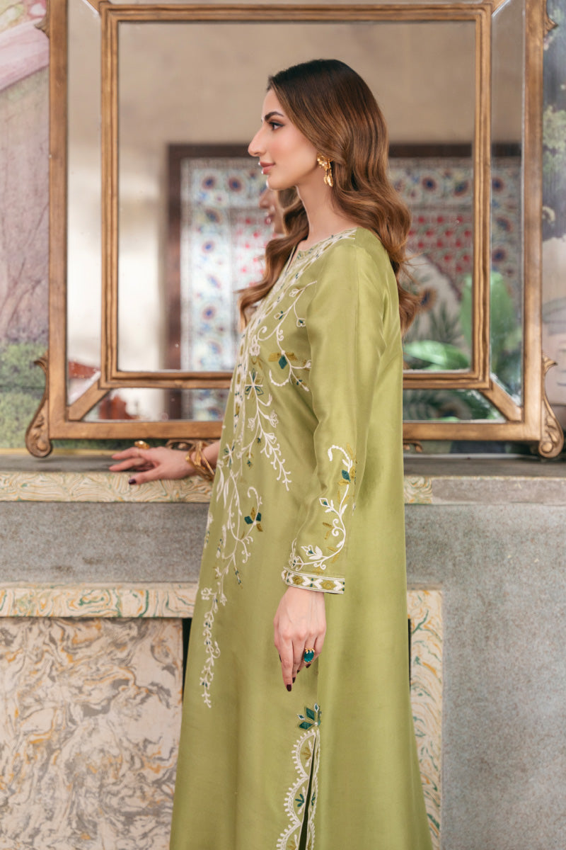 Dhani Green Aari Embroidered Raw Silk Kurta (2-Piece) - Image 4