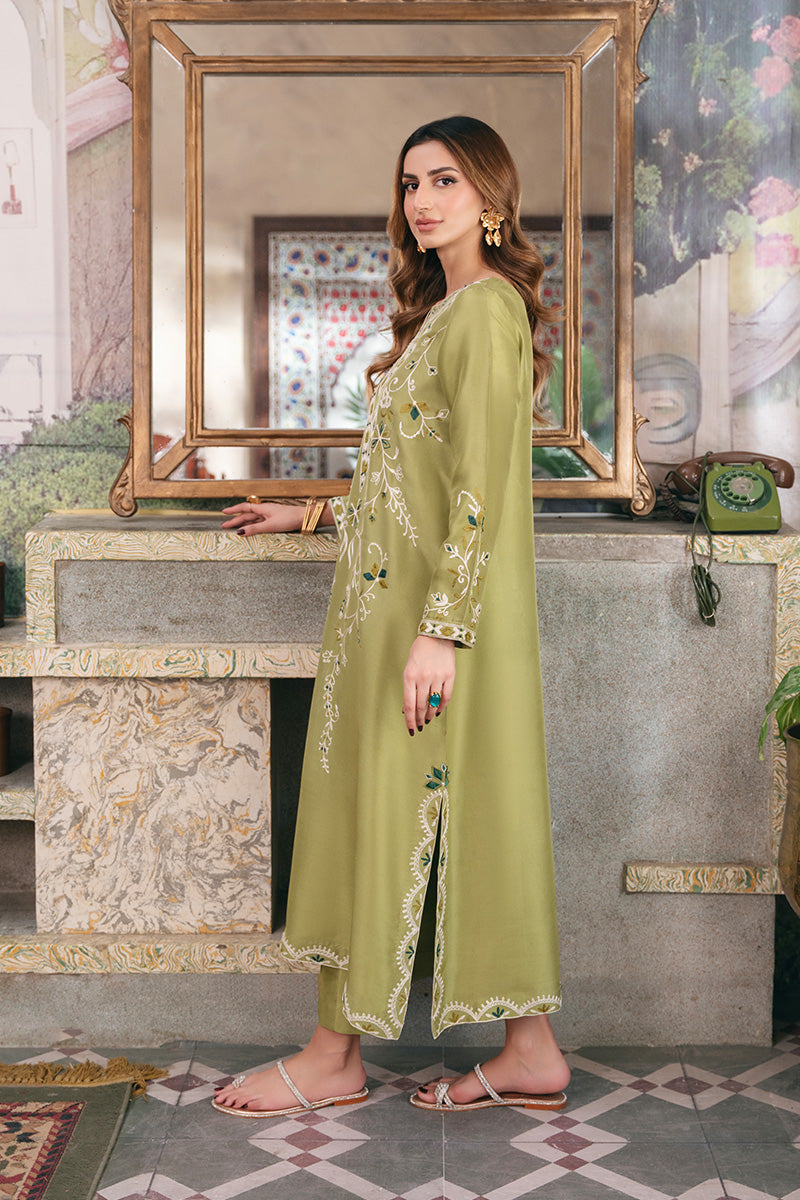 Dhani Green Aari Embroidered Raw Silk Kurta (2-Piece) - Image 5